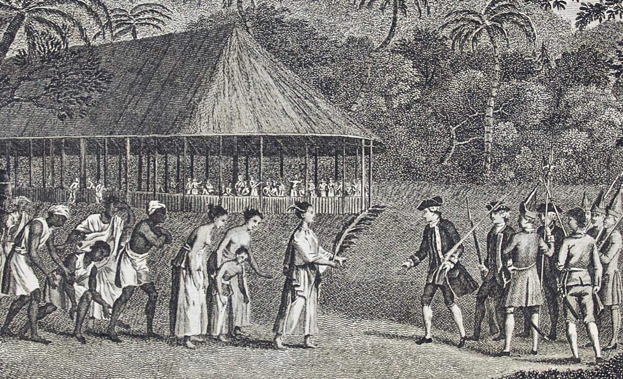 La capitulation de Tahiti au capitaine Wallis : une gravure originale du 18e siècle - Gris Landscape Print par John Webber