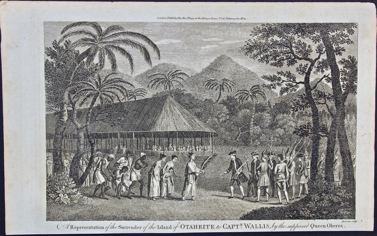 Landscape Print John Webber - La capitulation de Tahiti au capitaine Wallis : une gravure originale du 18e siècle