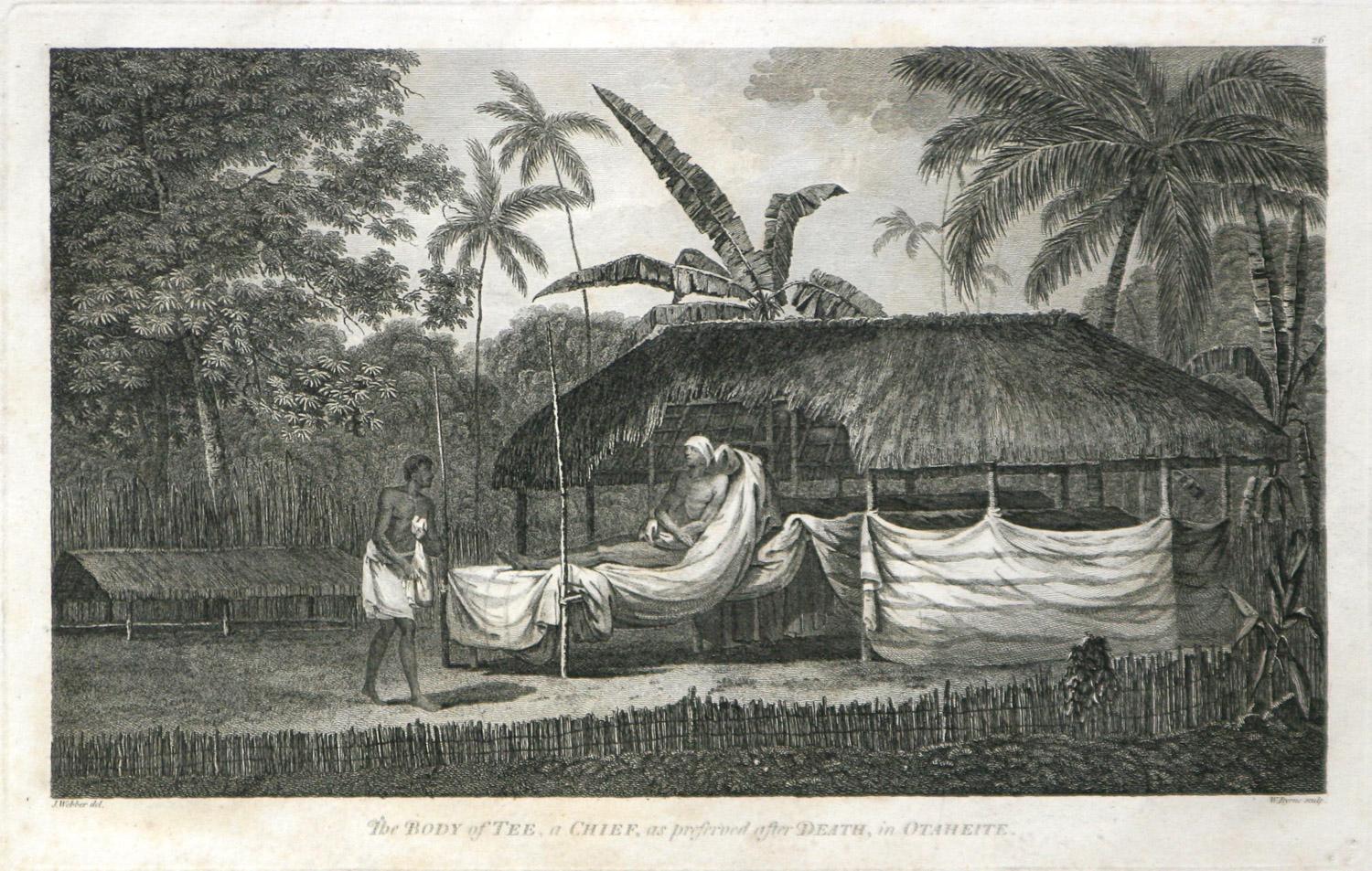 John Webber Landscape Print - The Body of Tee, a Chief, as preferred after Death, in Otaheite (Tahiti) 