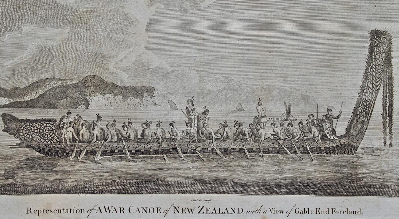 Canoa da guerra della Nuova Zelanda: Incisione originale del 18° secolo tratta dal primo viaggio del Capitano Cook - Print di Sydney Parkinson