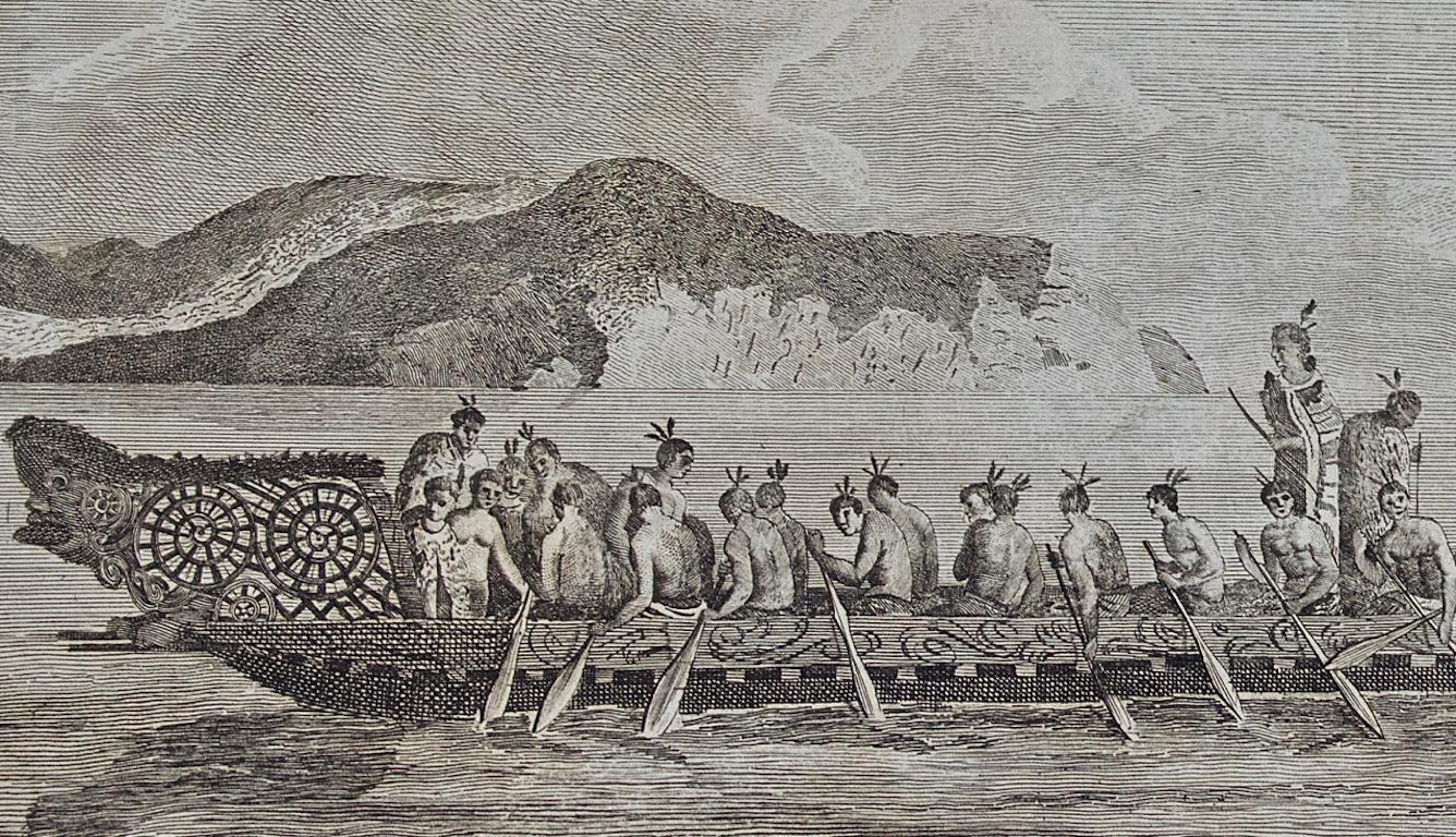 Canoa da guerra della Nuova Zelanda: Incisione originale del 18° secolo tratta dal primo viaggio del Capitano Cook - Landscape Print Grigio di Sydney Parkinson