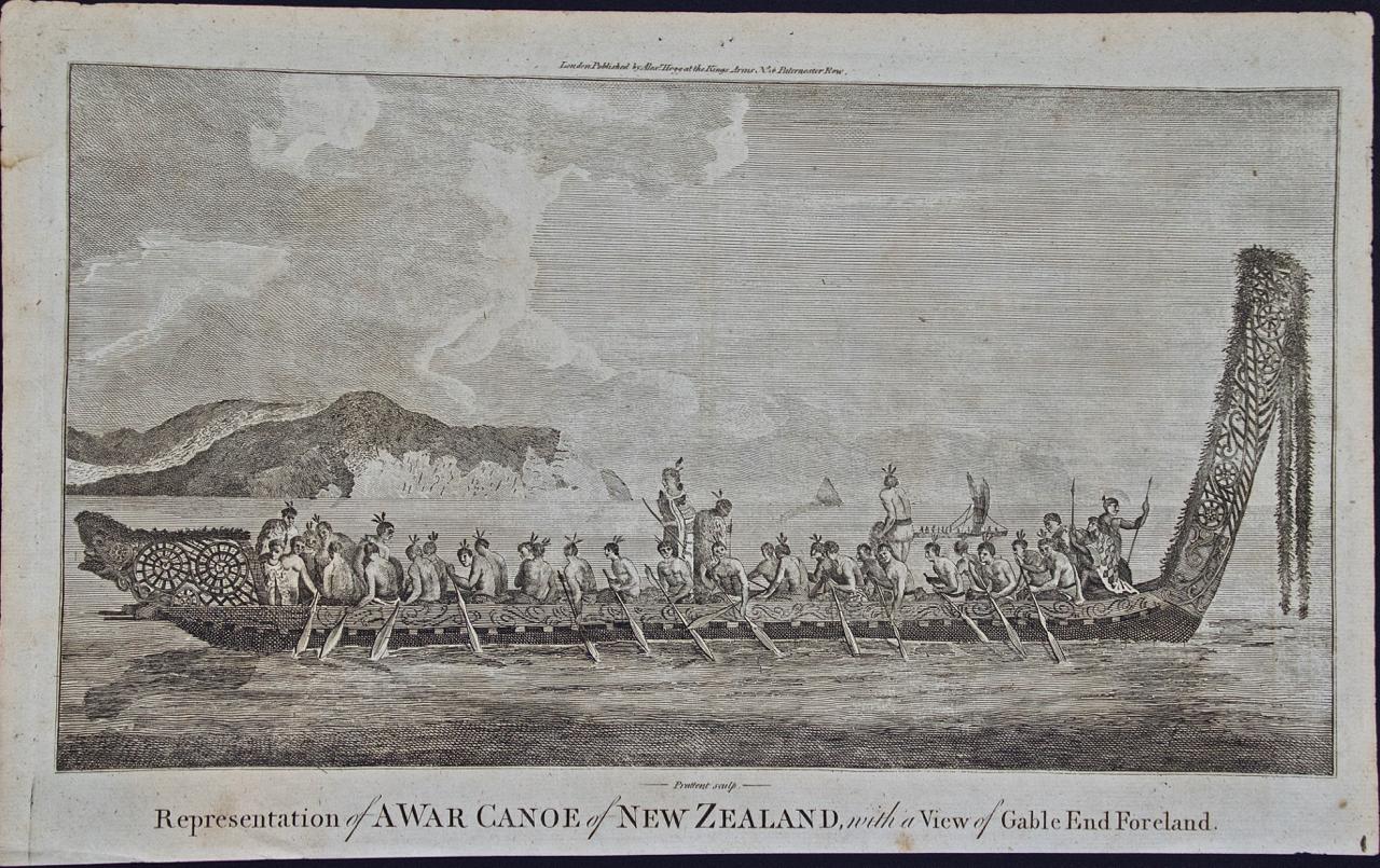 Landscape Print di Sydney Parkinson - Canoa da guerra della Nuova Zelanda: Incisione originale del 18° secolo tratta dal primo viaggio del Capitano Cook