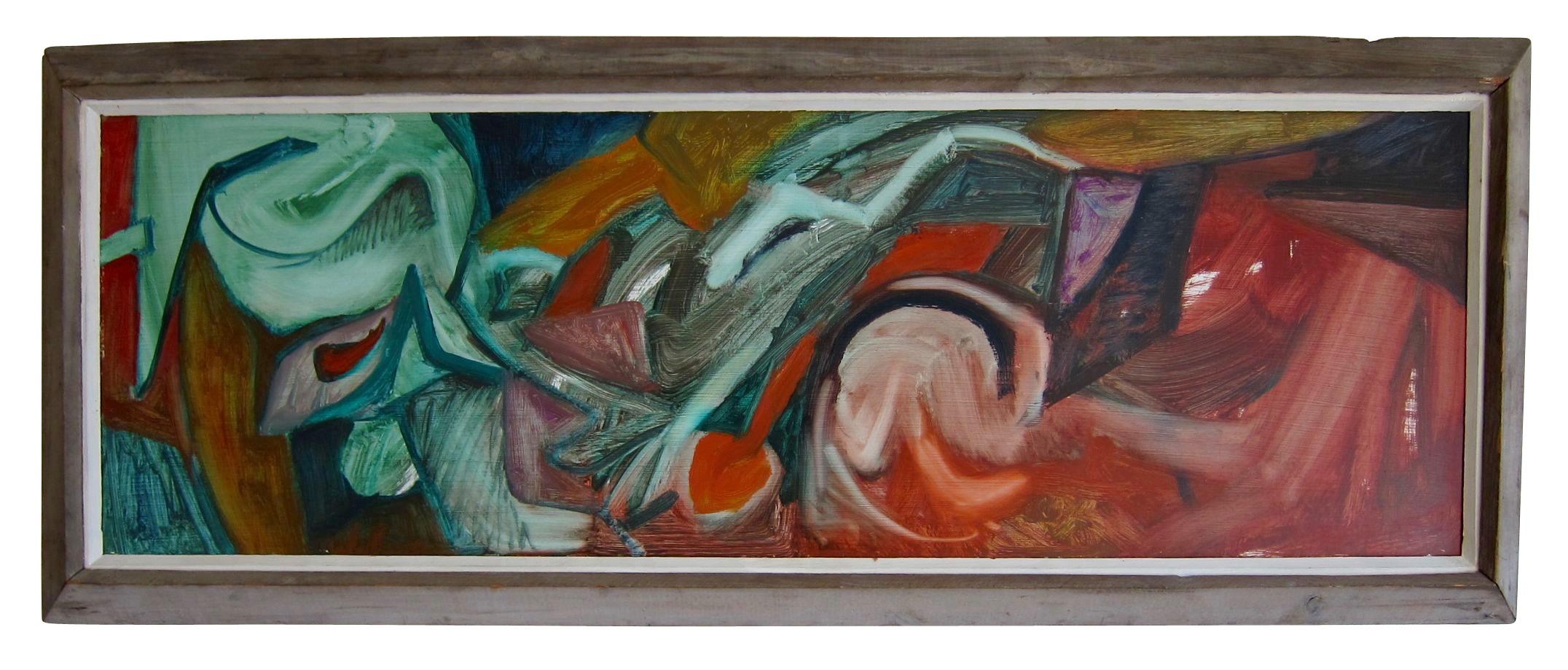 Abstract painting on masonite by St. Louis abstract artist John Wehmer.   This work is dates from the 1950s and is housed in a period custom frame made by fellow artist and friend Werner Drewes.  (Drewes name can be seen on the back of the frame -