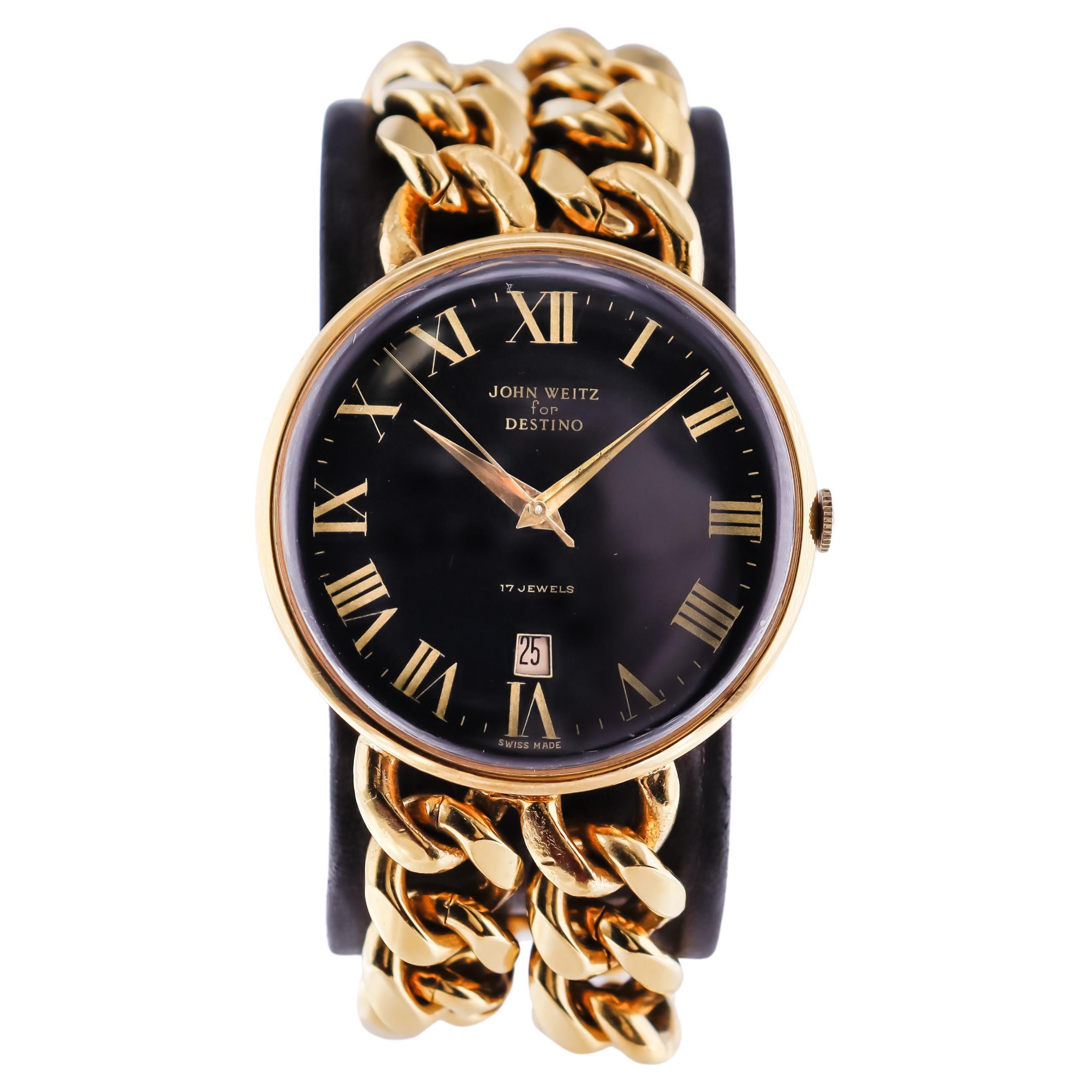 Moderniste John Weitz pour Destino Montre mécanique vintage à date remplie en or jaune avec cadran mécanique en vente