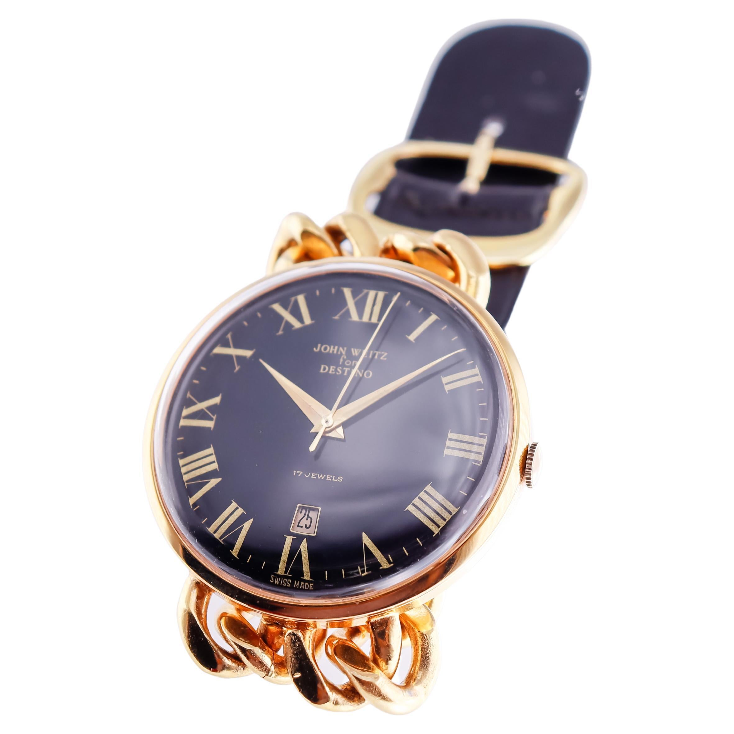 John Weitz pour Destino Montre mécanique vintage à date remplie en or jaune avec cadran mécanique Unisexe en vente