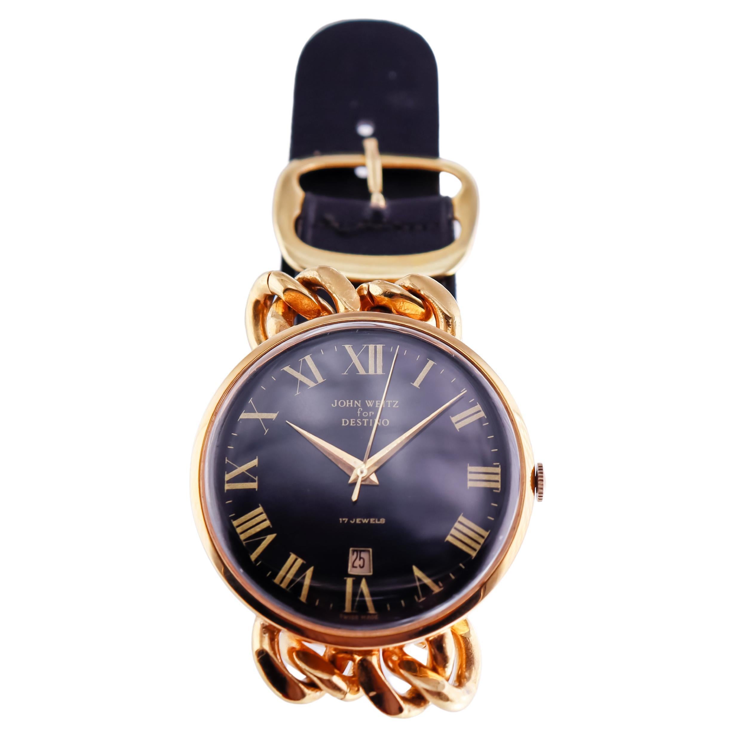 John Weitz pour Destino Montre mécanique vintage à date remplie en or jaune avec cadran mécanique en vente 1