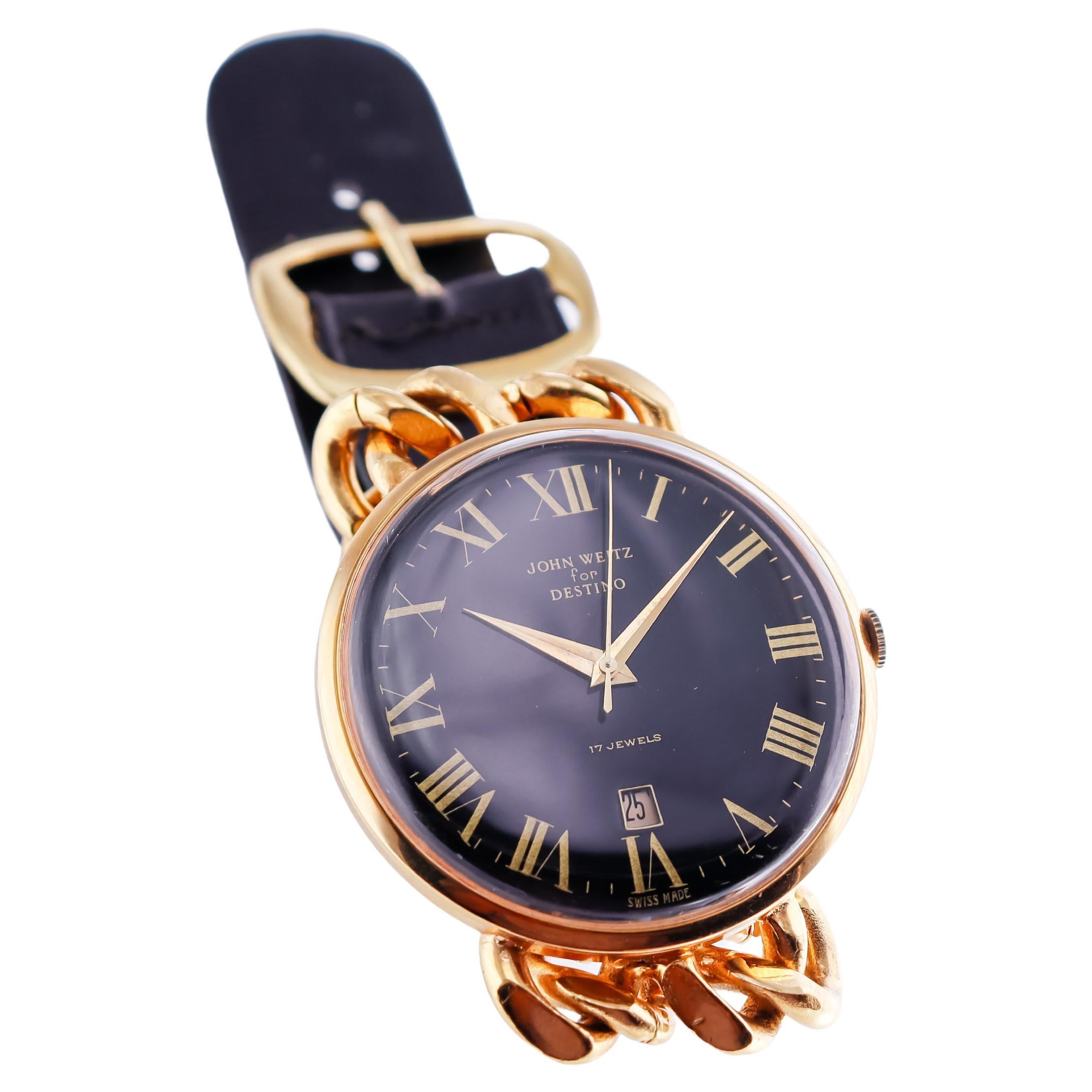 John Weitz pour Destino Montre mécanique vintage à date remplie en or jaune avec cadran mécanique en vente 2