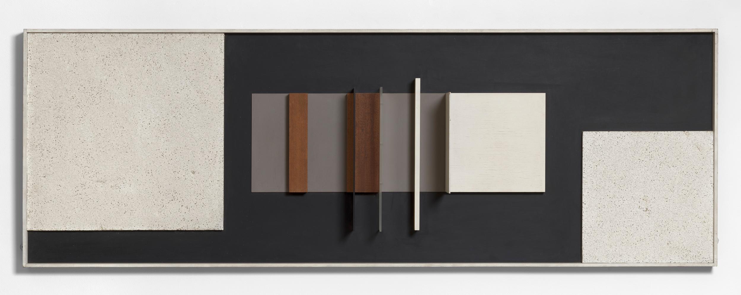 Painted wood, polystyrene and perspex relief on board.
Signed, titled and dated twice (verso).
Constructed Relief is an austerely conceived work in painted wood, polystyrene and perspex, composed rigidly of squares, planes and rectangles. It