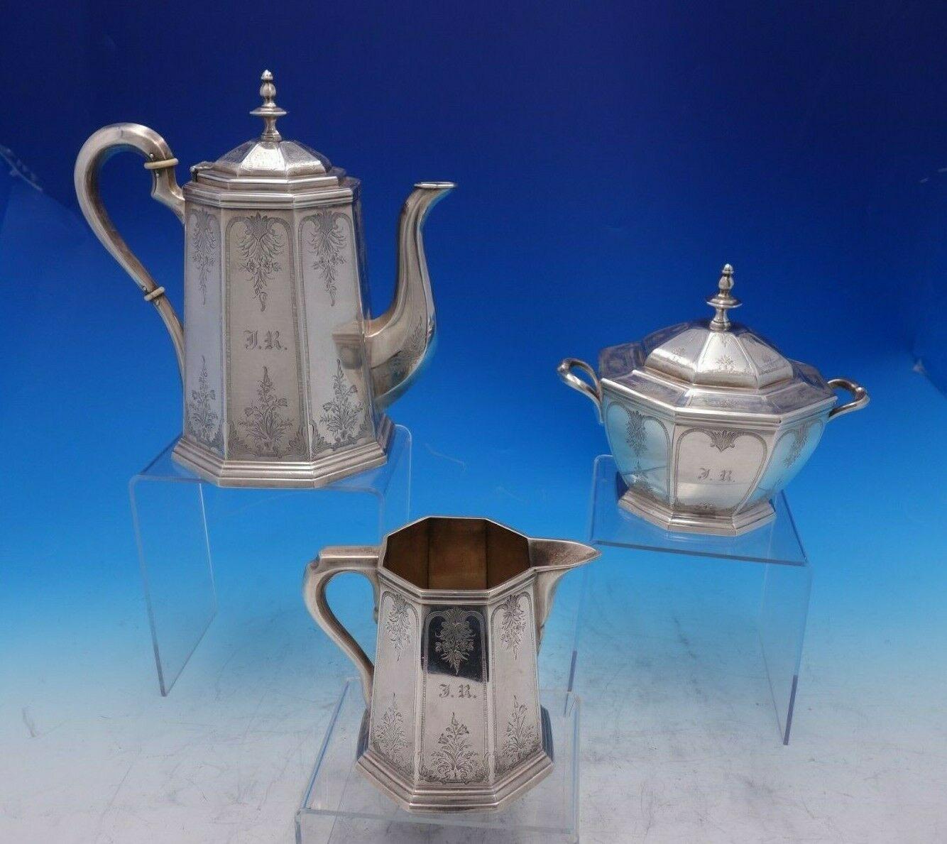 John Wendt and Augustus Rogers

Fabulous John Wendt and Augustus Rogers coin silver 3-piece tea set marked #402 made in Boston in 1850-1859. It was retailed by Bigelow Bros and Kennard. The set is octagonal shape with each panel in a hand engraved