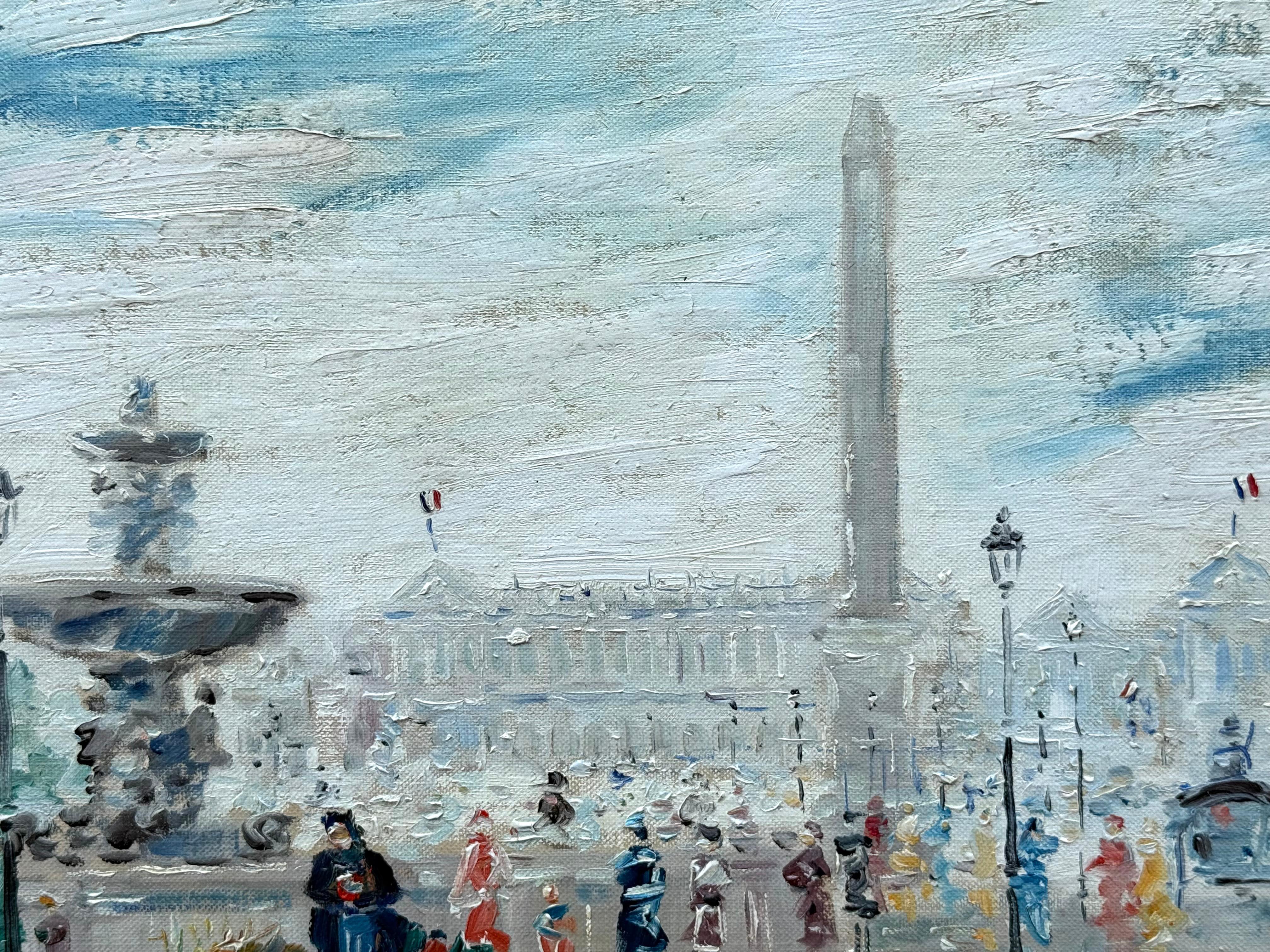 Peinture à l'huile originale sur toile d'artiste de la Place de la Concorde à Paris par l'artiste américain John Wesley Carroll.  Signé en bas à droite.  Circa 1930.  L'état est très bon. Cadre original en bois sculpté et gesso en bon état avec des