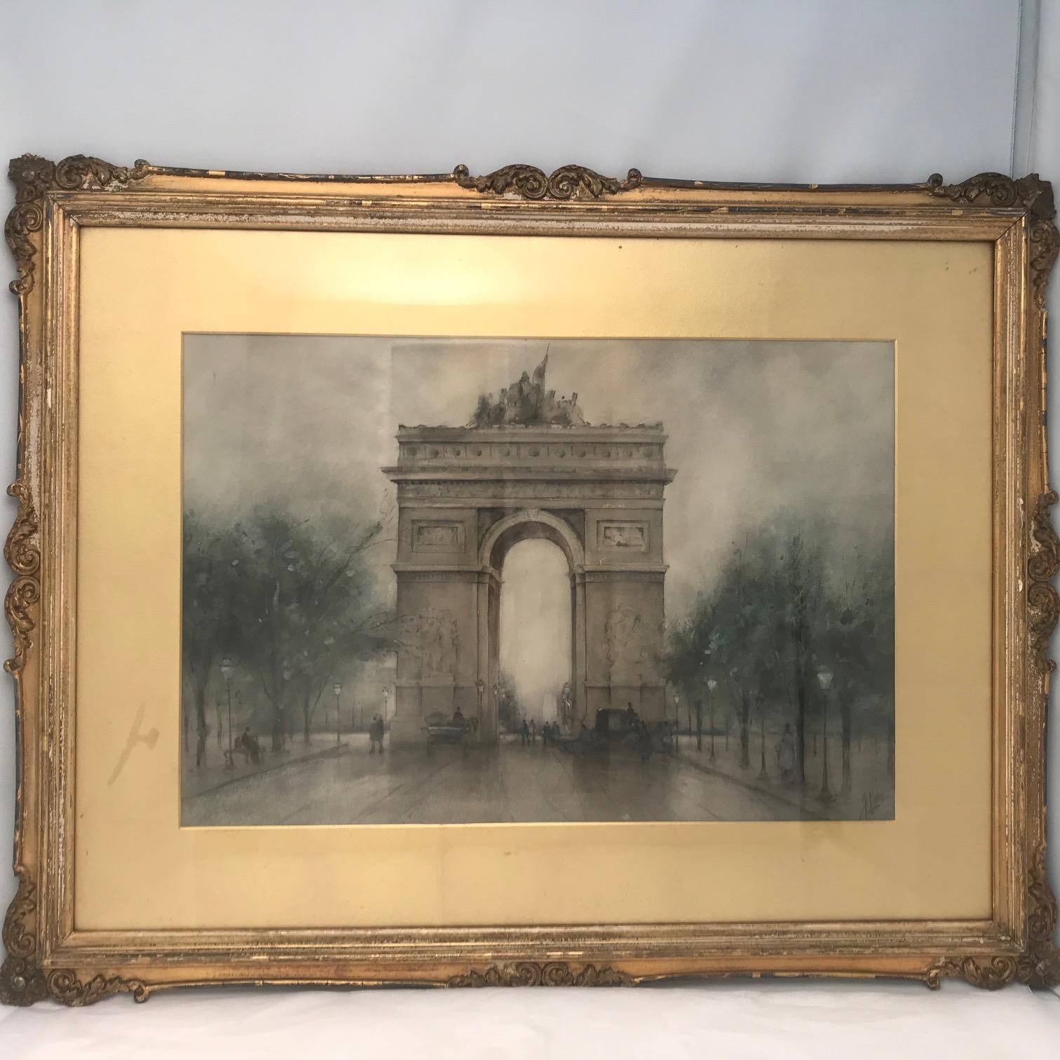 This American water-colorist shows here his light touch and skillful handling of his medium. This painting dates from the last half of the 19th century. The treatment of the foliage, the tiny well-drawn figures, carriages, street lights and the