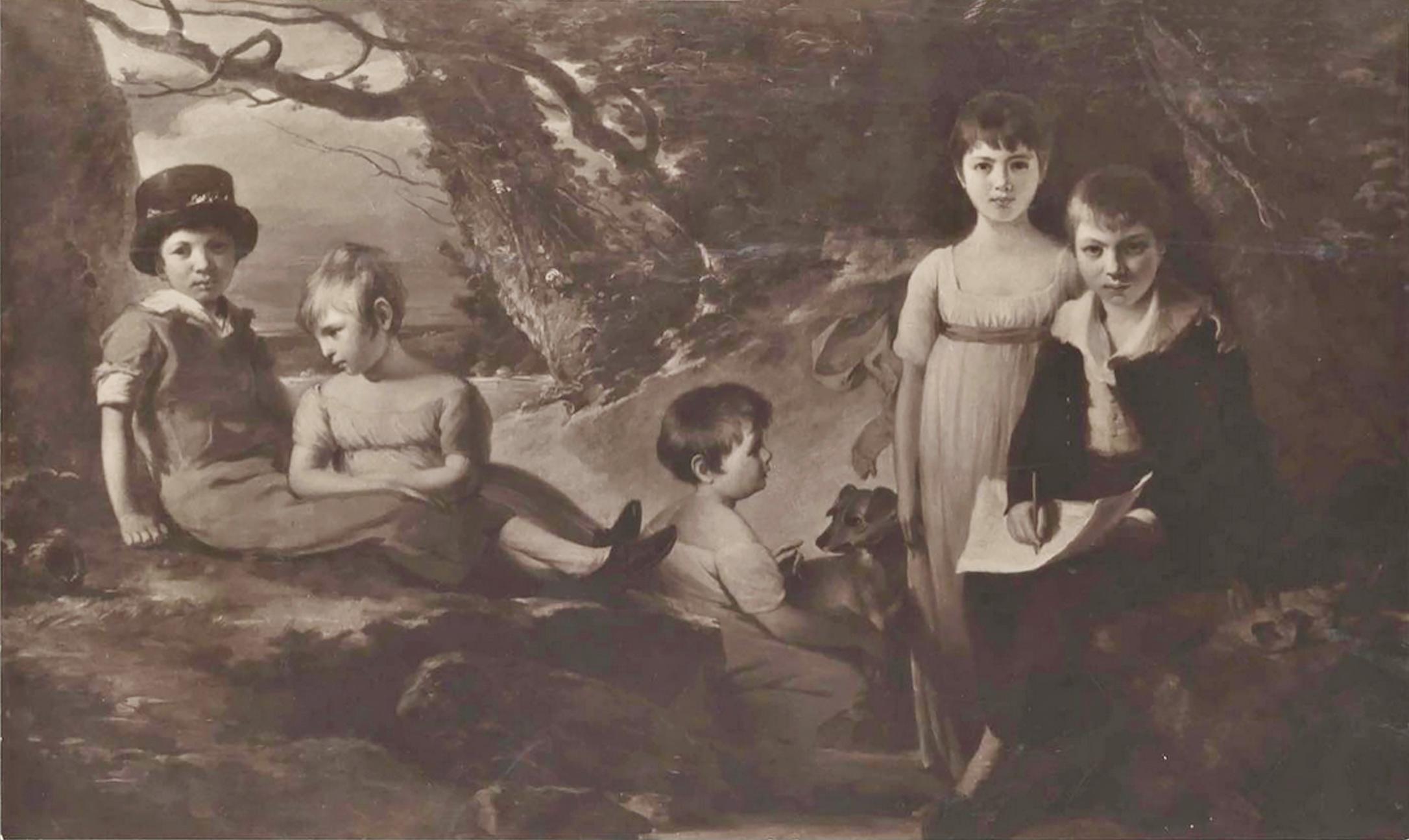 Portrait britannique de deux enfants anglais avec chien - cercle Sir William Beechey en vente 7