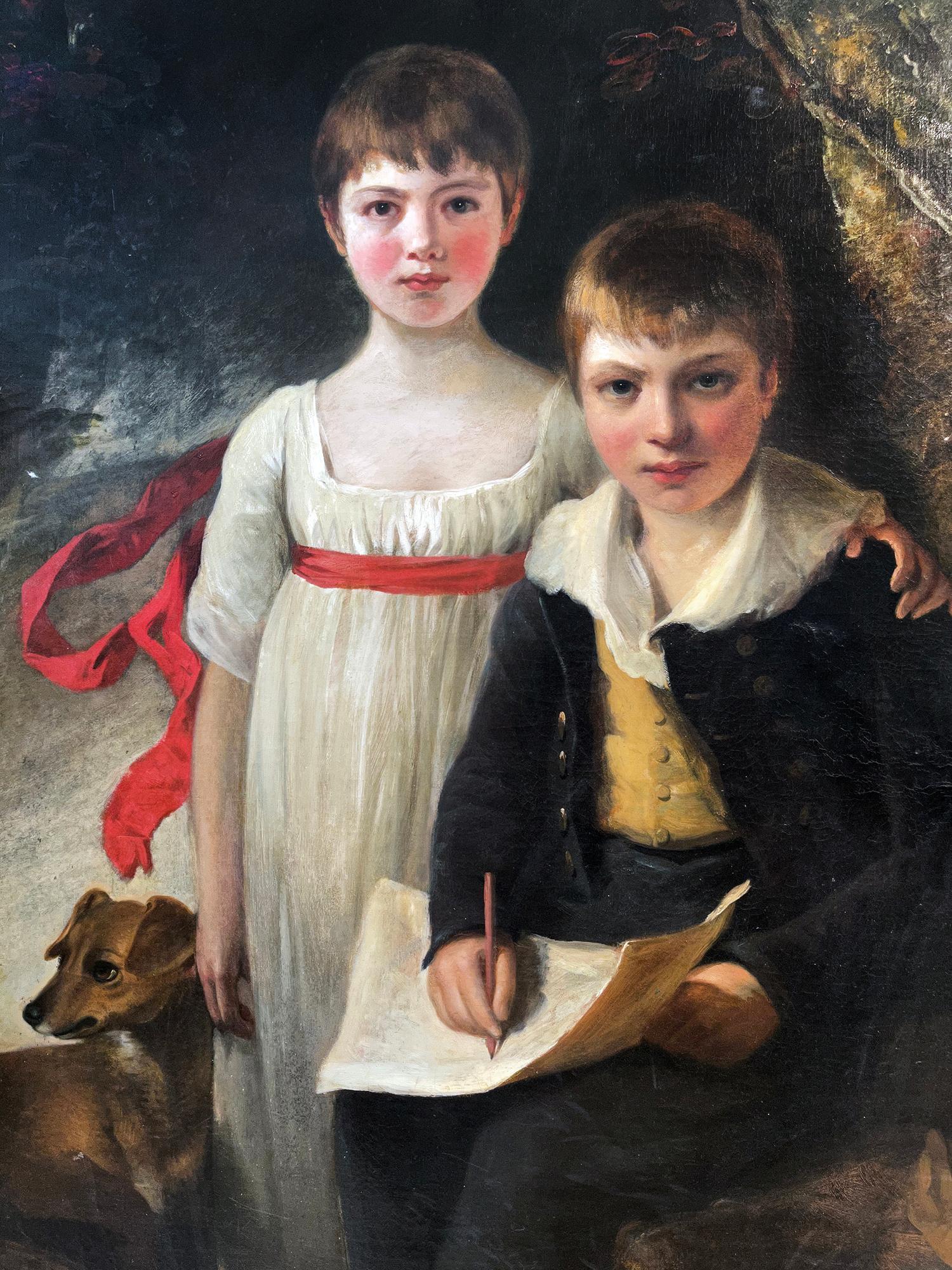 Portrait britannique de deux enfants anglais avec chien - cercle Sir William Beechey - Noir Portrait Painting par John Westbrooke Chandler