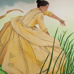 Leap- acrylic and sewing patterns on canvas, figurative painting