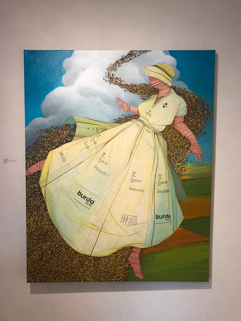 John Westmark Queen Bee Acrylic Painting With Vintage Sewing