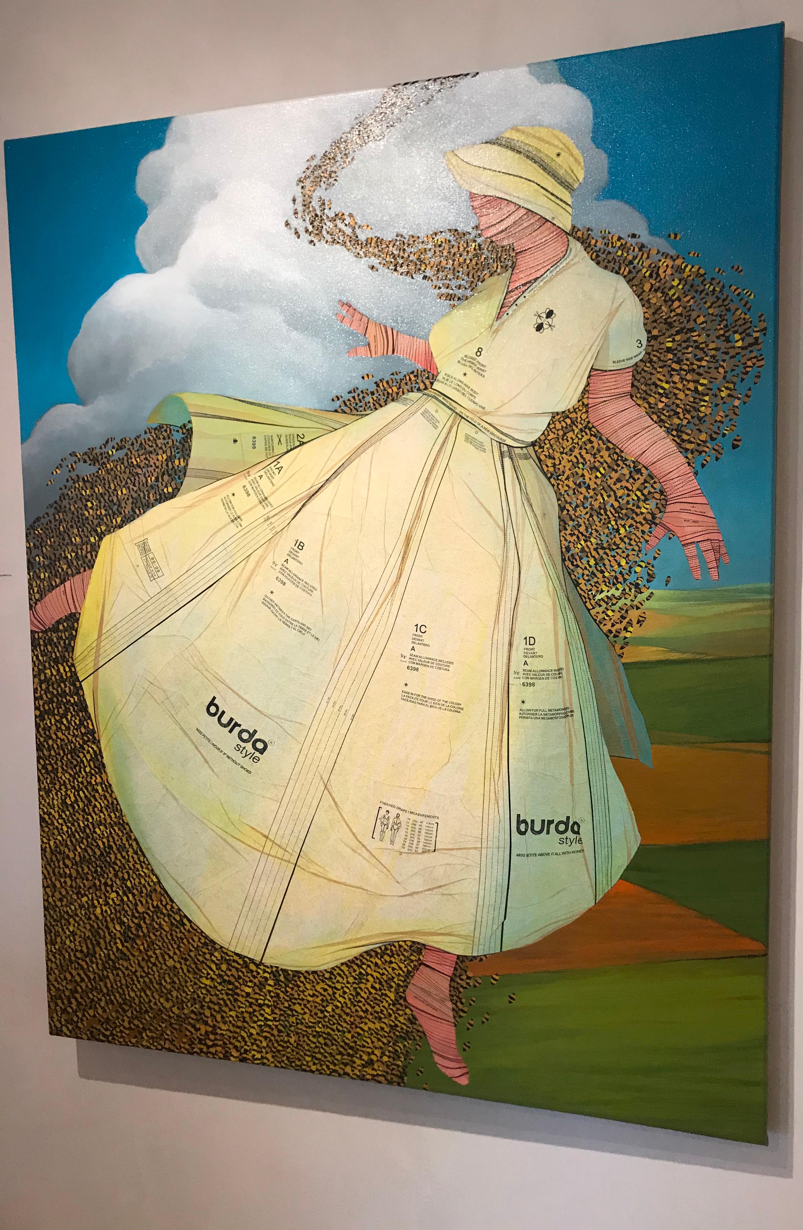 Queen Bee- acrylic painting with vintage sewing patterns on canvas - Brown Figurative Painting by John Westmark