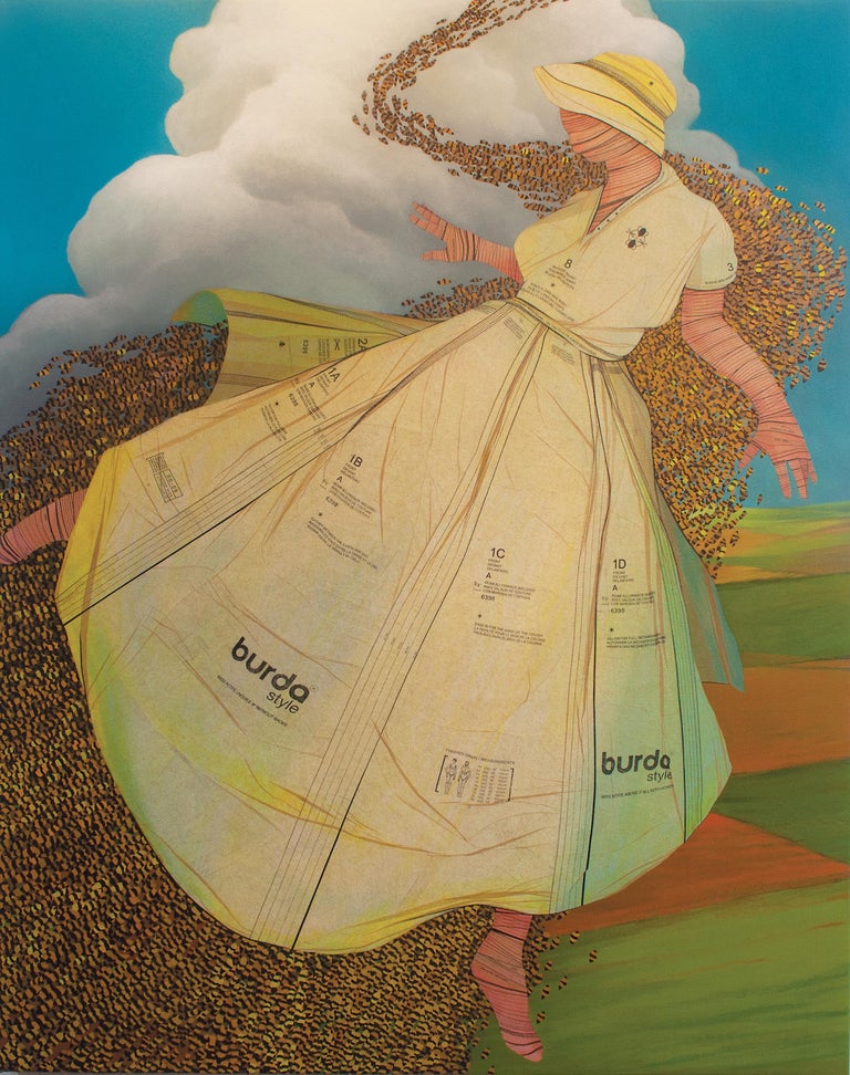 John Westmark Queen Bee Acrylic Painting With Vintage Sewing