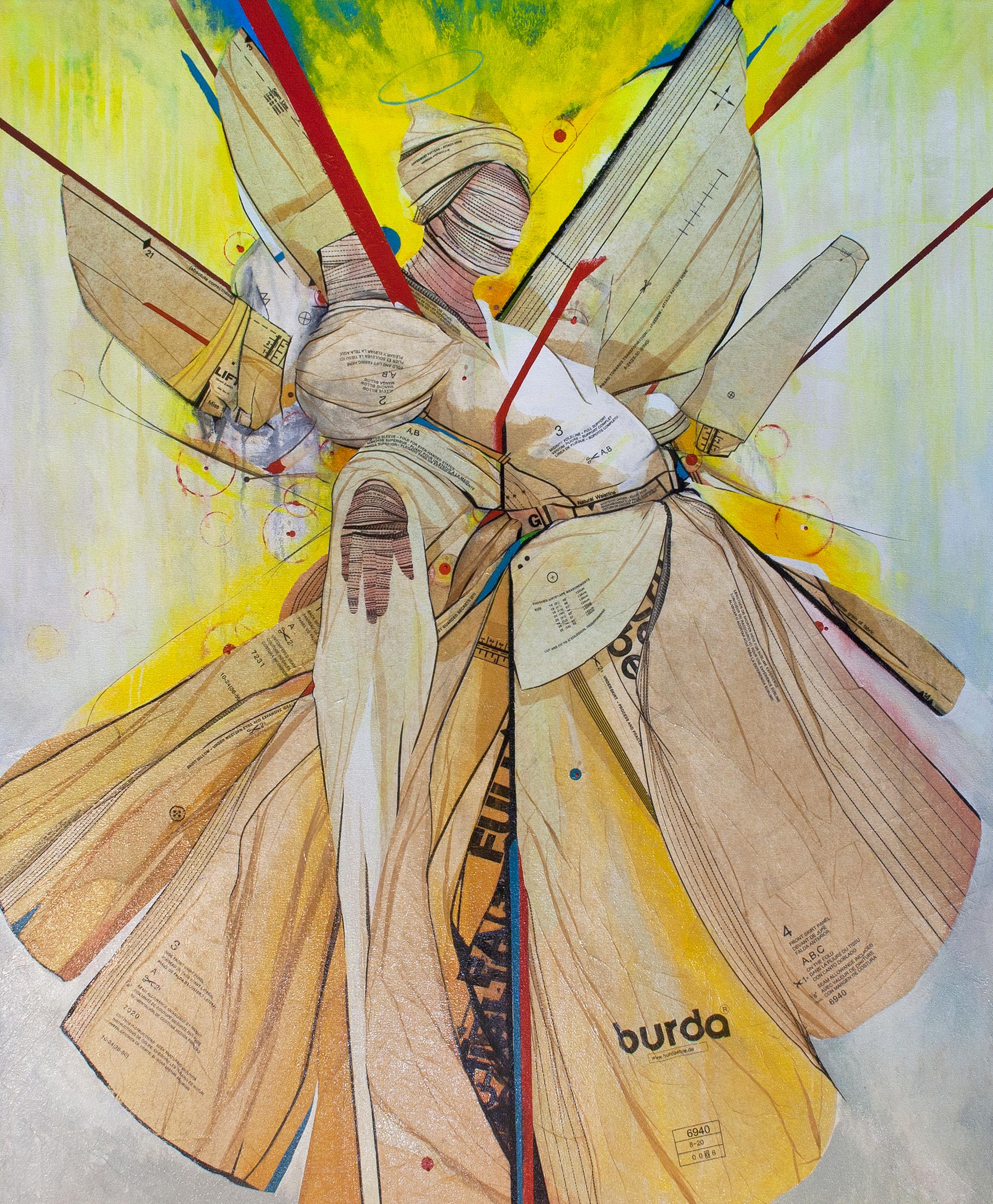 John Westmark - "The Martyrdom of Saint Lucy" Painting red, collage,  yellow, tan, figurative For Sale at 1stDibs