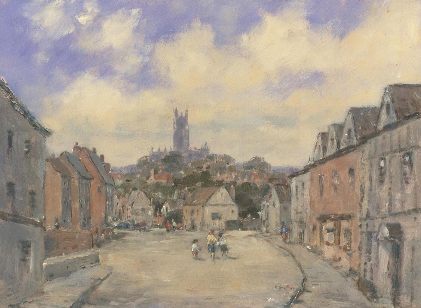 A delightful study of a market town with figures. A distant cathedral is visible in the distance. Unsigned. On thick board.
