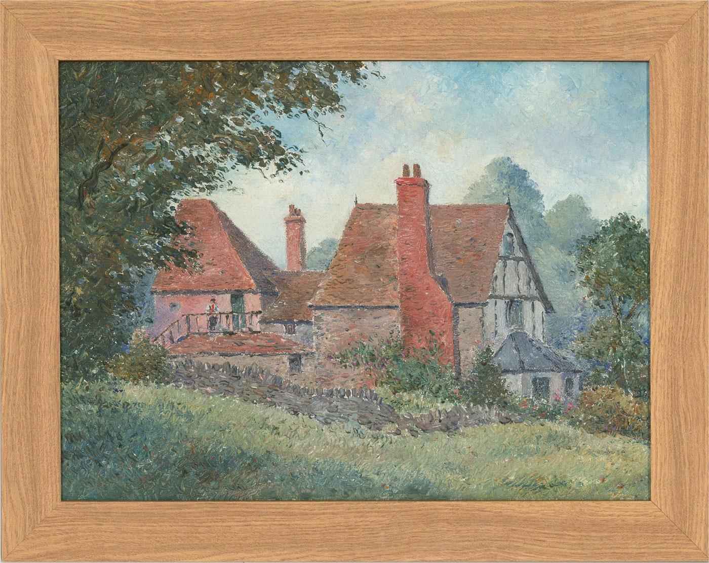 A wonderful impressionist study by John Weston Gough, depicting stone cottages in a landscape. Well presented in an oak effect frame. Unsigned. On canvas board.
