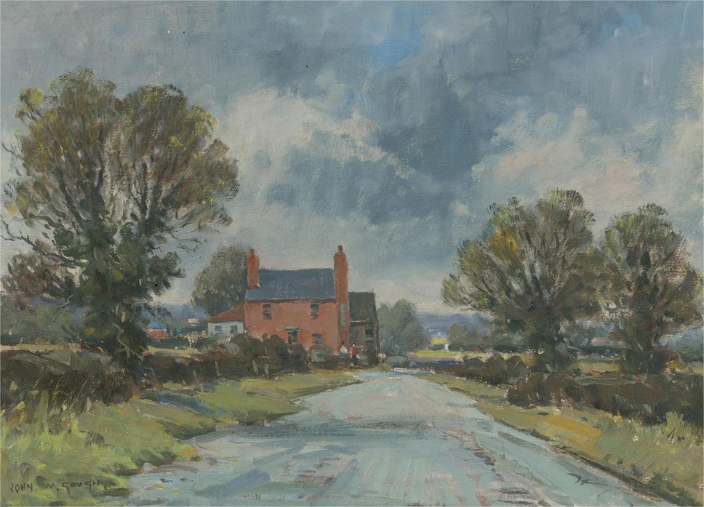 A fine oil scene showing a rural village road with two figures standing outside a house in the middle ground under heavy grey clouds. The artist has signed to the lower left corner. On canvas board.
