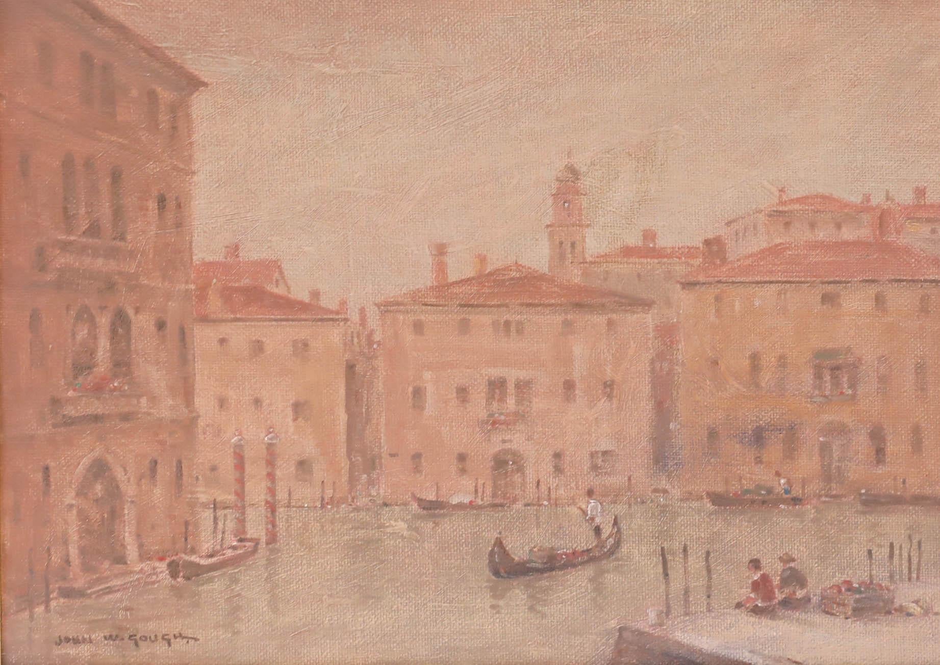 John Weston Gough (1929-2019) - Gerahmtes Ölgemälde des 20. Jahrhunderts, Rosa Sonnenuntergang, Venedig im Angebot 1