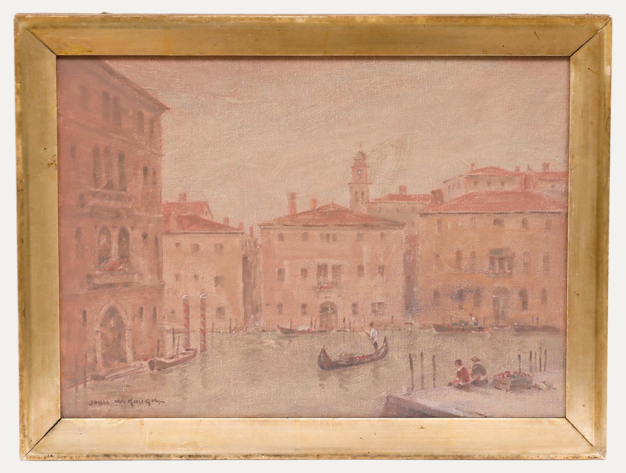 John Weston Gough (1929-2019) - Gerahmtes Ölgemälde des 20. Jahrhunderts, Rosa Sonnenuntergang, Venedig