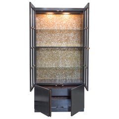 John Whiddicomb Black Laquered Tall Vitrine Cabinet with Bronze Insert