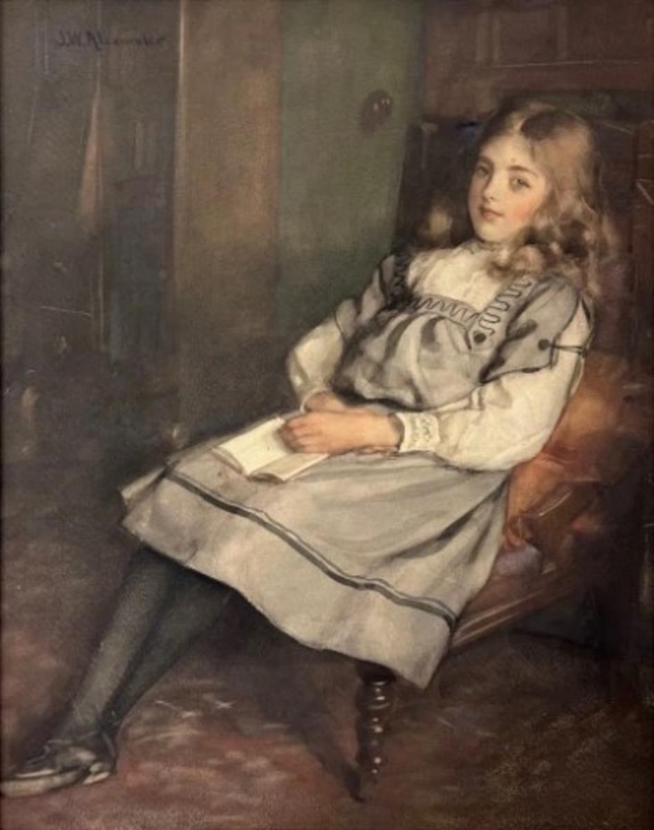 John White Alexander Portrait Painting - "Tired" Portrait in Interior, Water Color on Canvas, American Impressionist