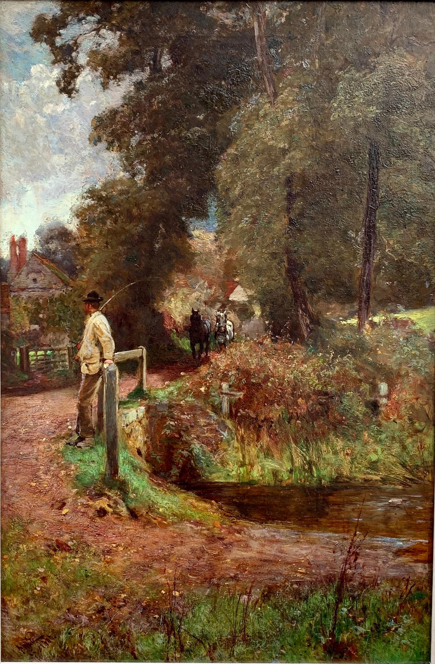 Englische Landschaft des 19. Jahrhunderts mit einem Mann, der auf ein Pfluggespann wartet – Painting von John White