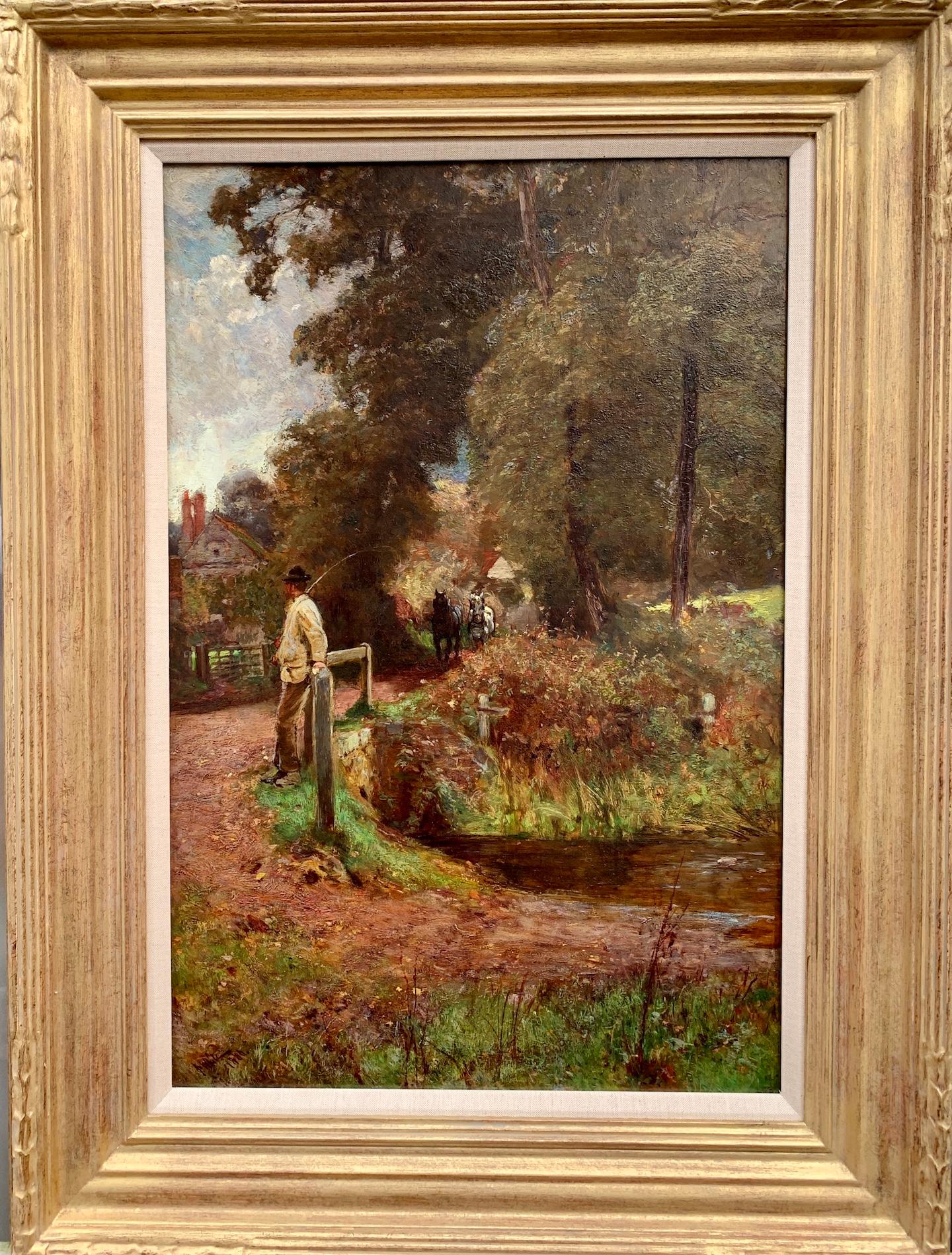 John White Figurative Painting – Englische Landschaft des 19. Jahrhunderts mit einem Mann, der auf ein Pfluggespann wartet