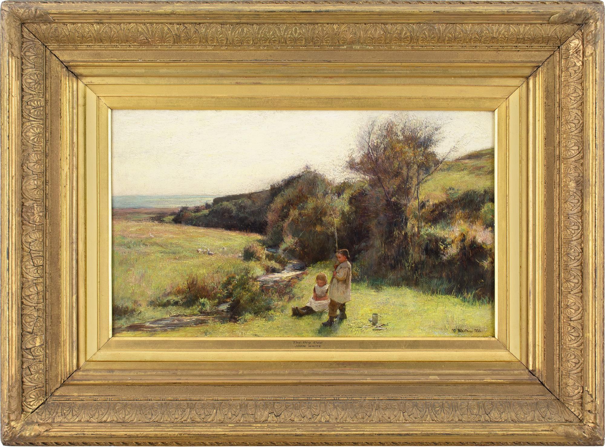 This late 19th-century oil painting by Scottish artist John White (1851-1933) depicts a boy fishing in a stream with the sea beyond.

With his line taut, he leans back and looks optimistically towards, what he hopes could be, 'The Big One'. A young
