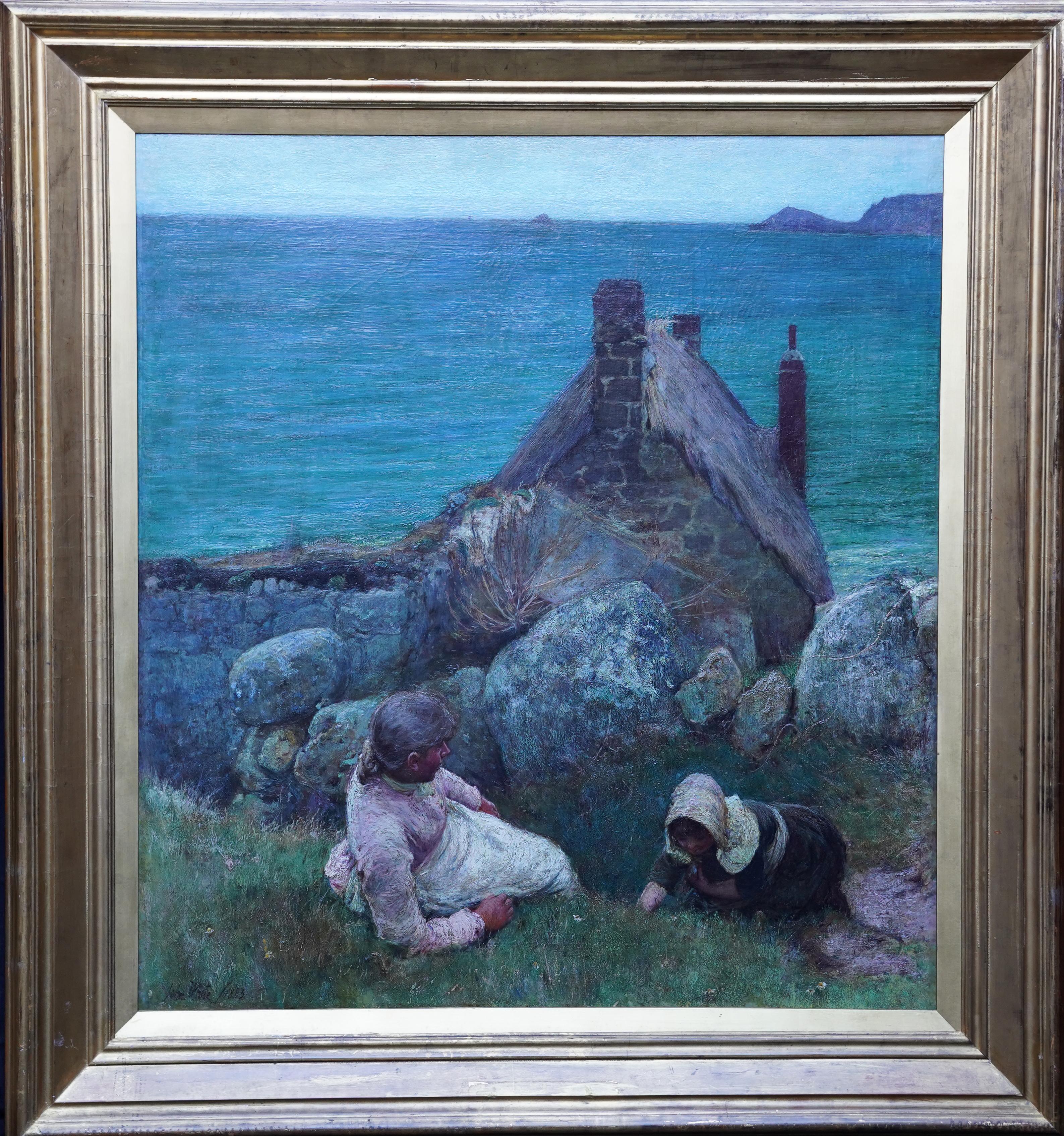 John White Figurative Painting – Über das Meer, Sennen - Britisches viktorianisches Küstenporträt, Ölgemälde Cornwall