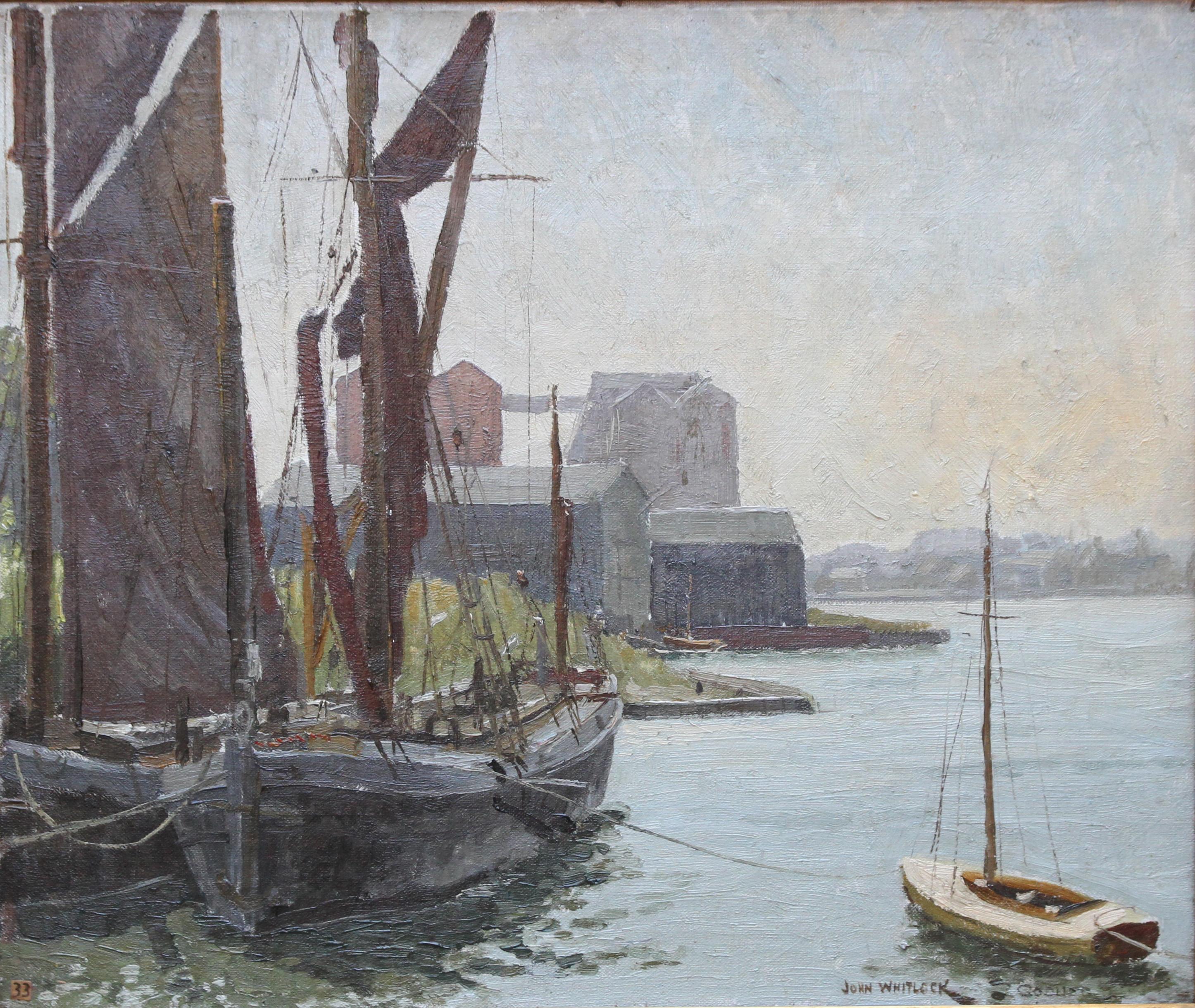 Abandoned Thames Barges at  Mistley - British 30's exhibited marine oil painting 3