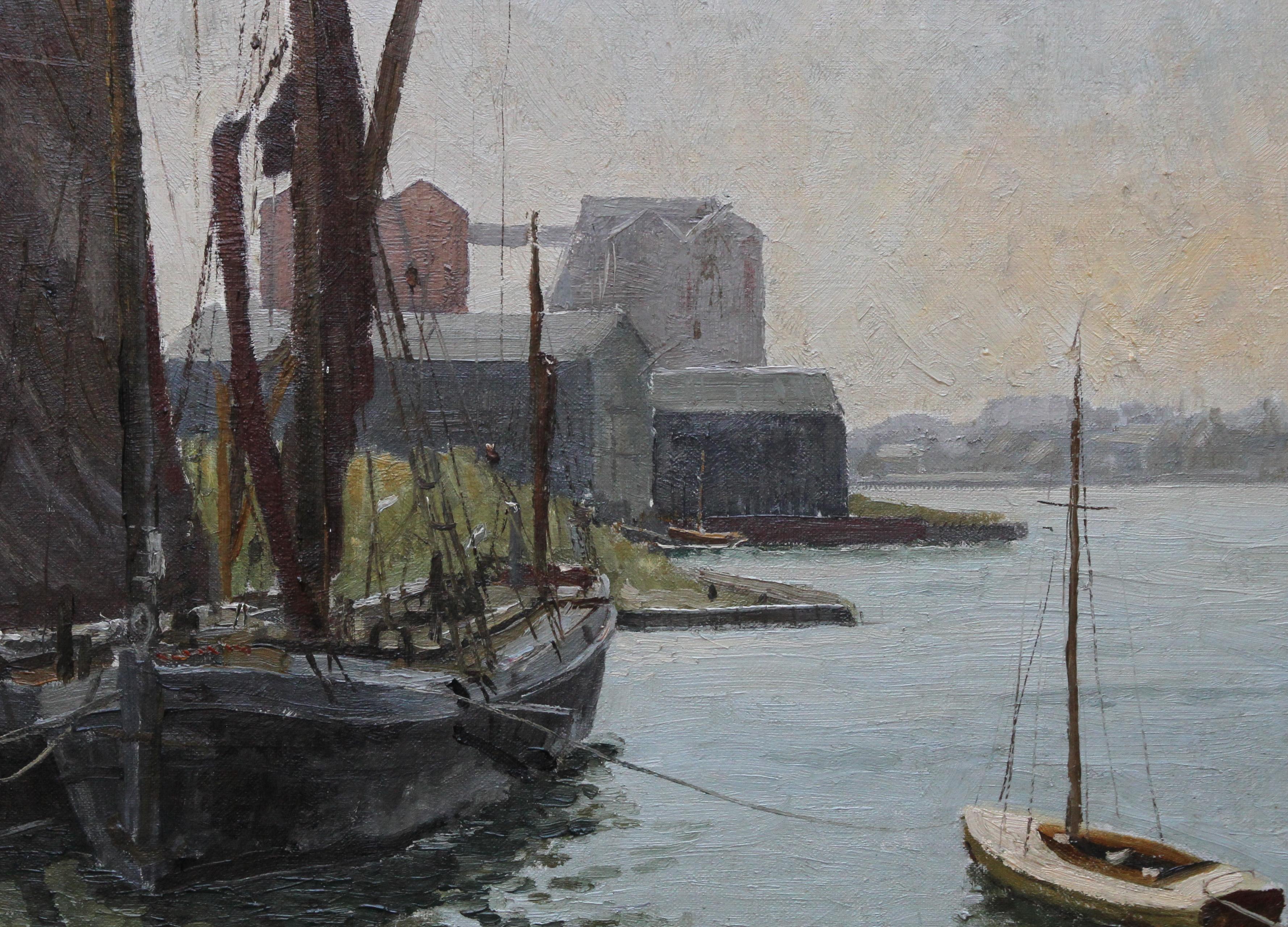 Abandoned Thames Barges at  Mistley - British 30's exhibited marine oil painting - Brown Landscape Painting by John Whitlock Codner