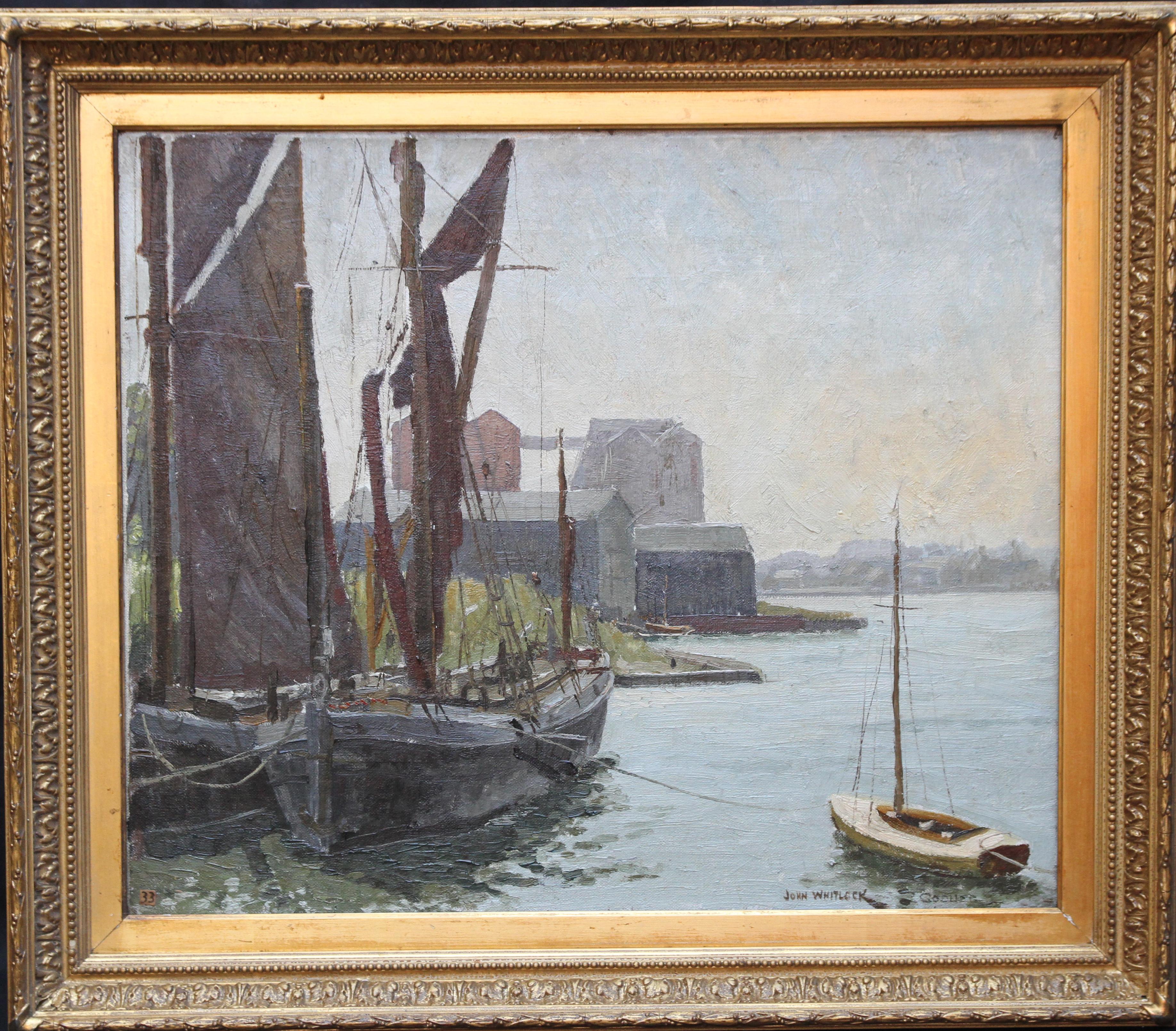 John Whitlock Codner Landscape Painting - Abandoned Thames Barges at  Mistley - British 30's exhibited marine oil painting