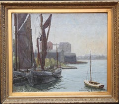 Abandoned Thames Barges at  Mistley - British 30's exhibited marine oil painting