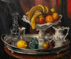 John Whitlock Codner RWA (1913-2008) - Óleo enmarcado, Naturaleza muerta sobre bandeja de plata