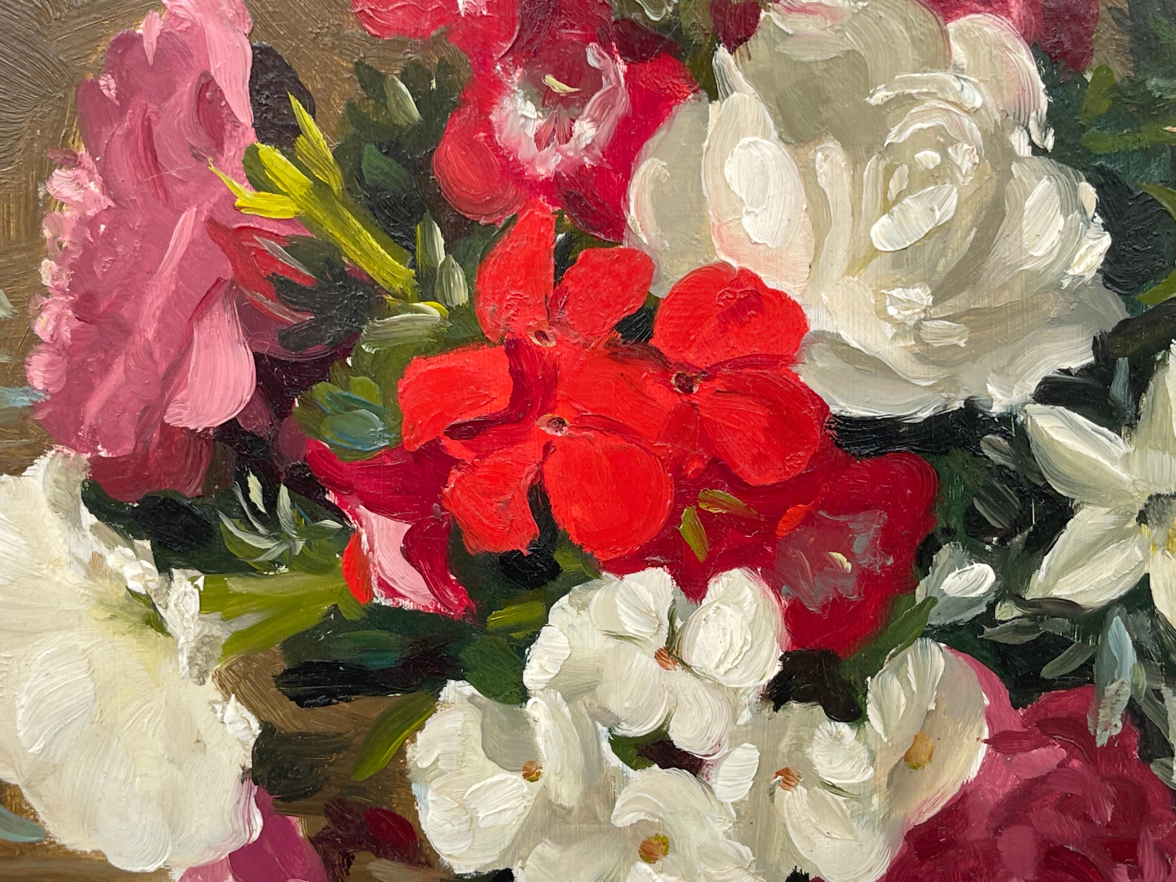 Stillleben-Gemälde von rot-rosa-weißen Blumen von britischem Künstler des 20. Jahrhunderts im Angebot 5