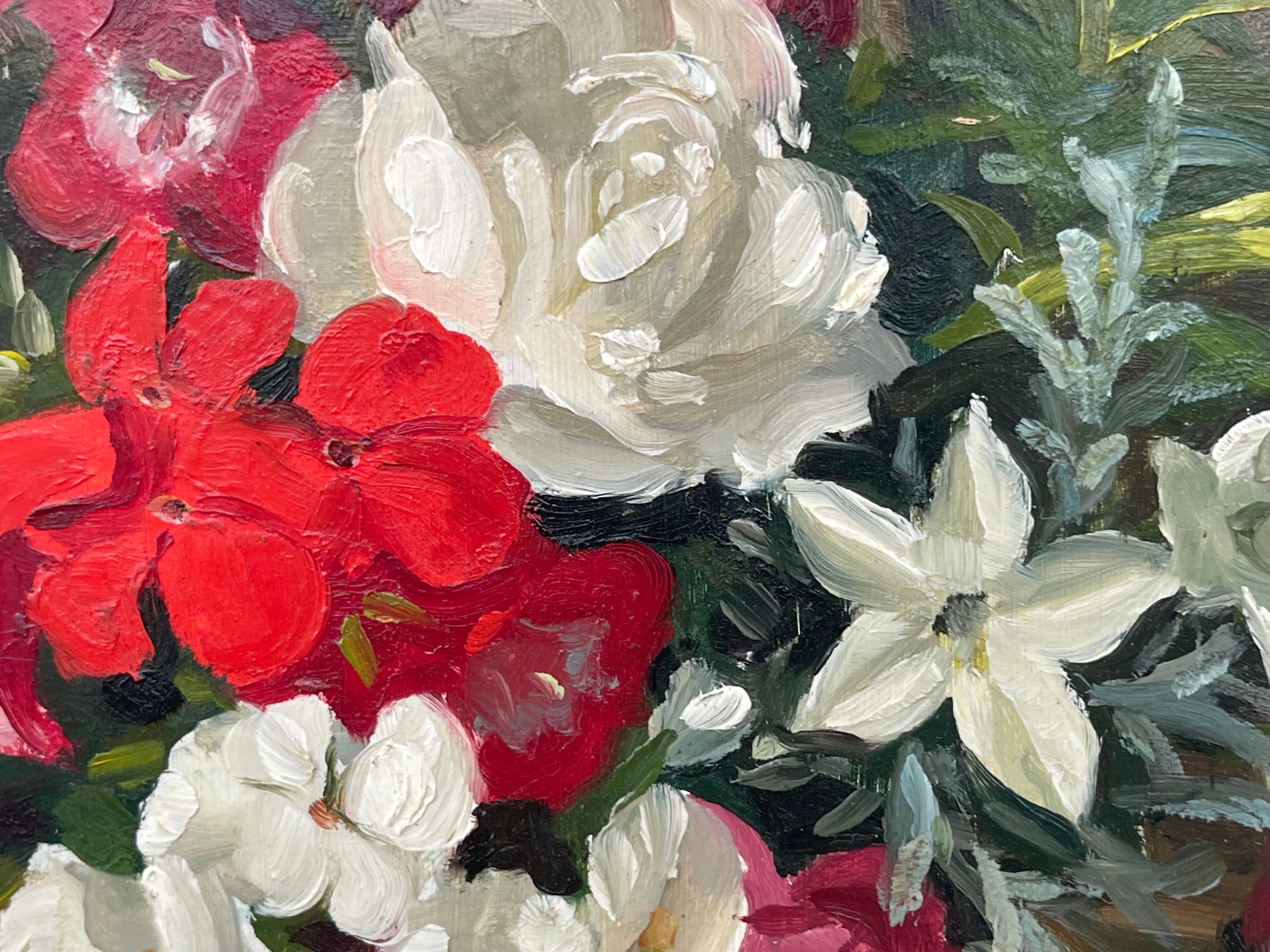 Still Life Painting of Red Pink & White Flowers by 20th Century British Artist For Sale 6