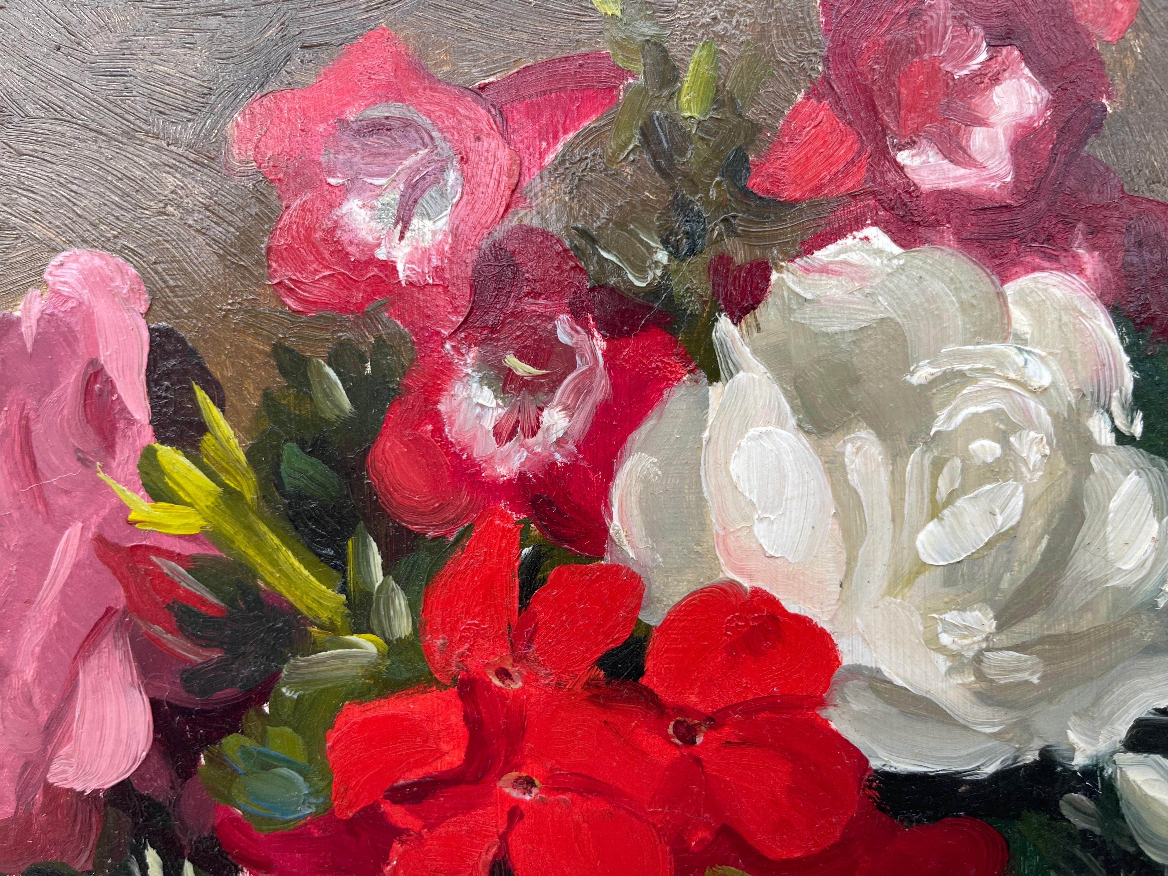 Still Life Painting of Red Pink & White Flowers by 20th Century British Artist For Sale 11