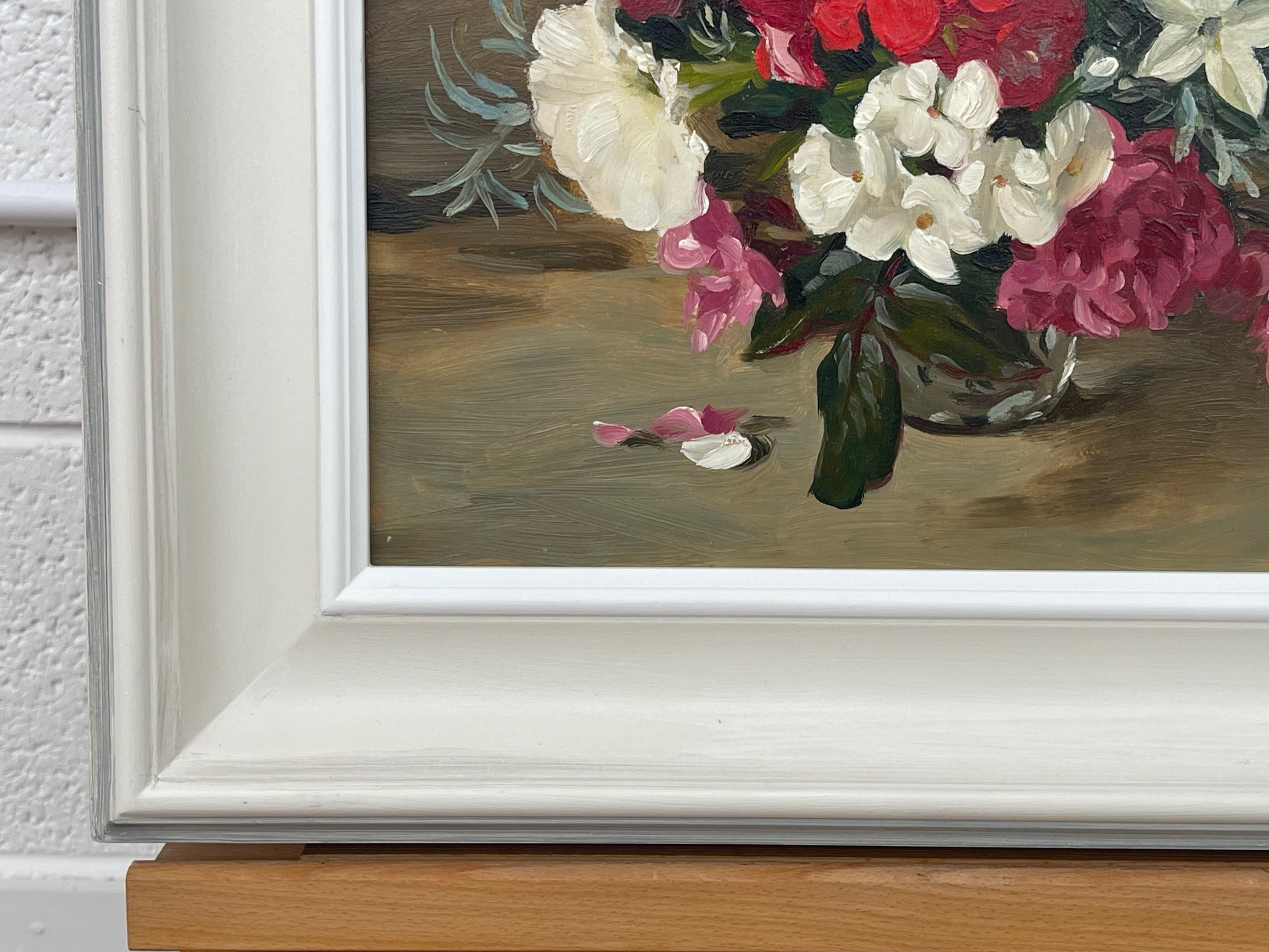Still Life Painting of Red Pink & White Flowers by 20th Century British Artist For Sale 1