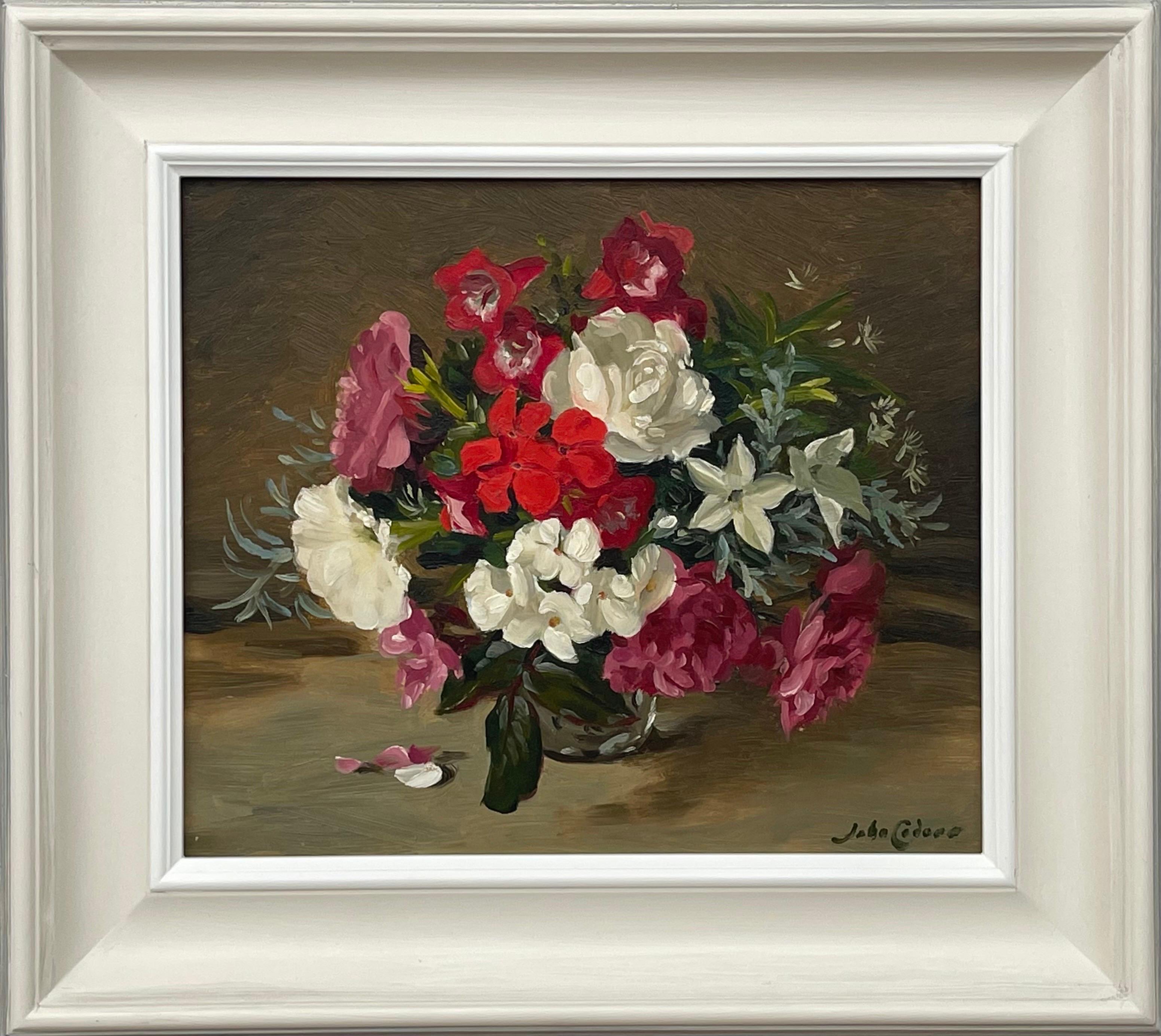 Stillleben-Gemälde von rot-rosa-weißen Blumen von britischem Künstler des 20. Jahrhunderts