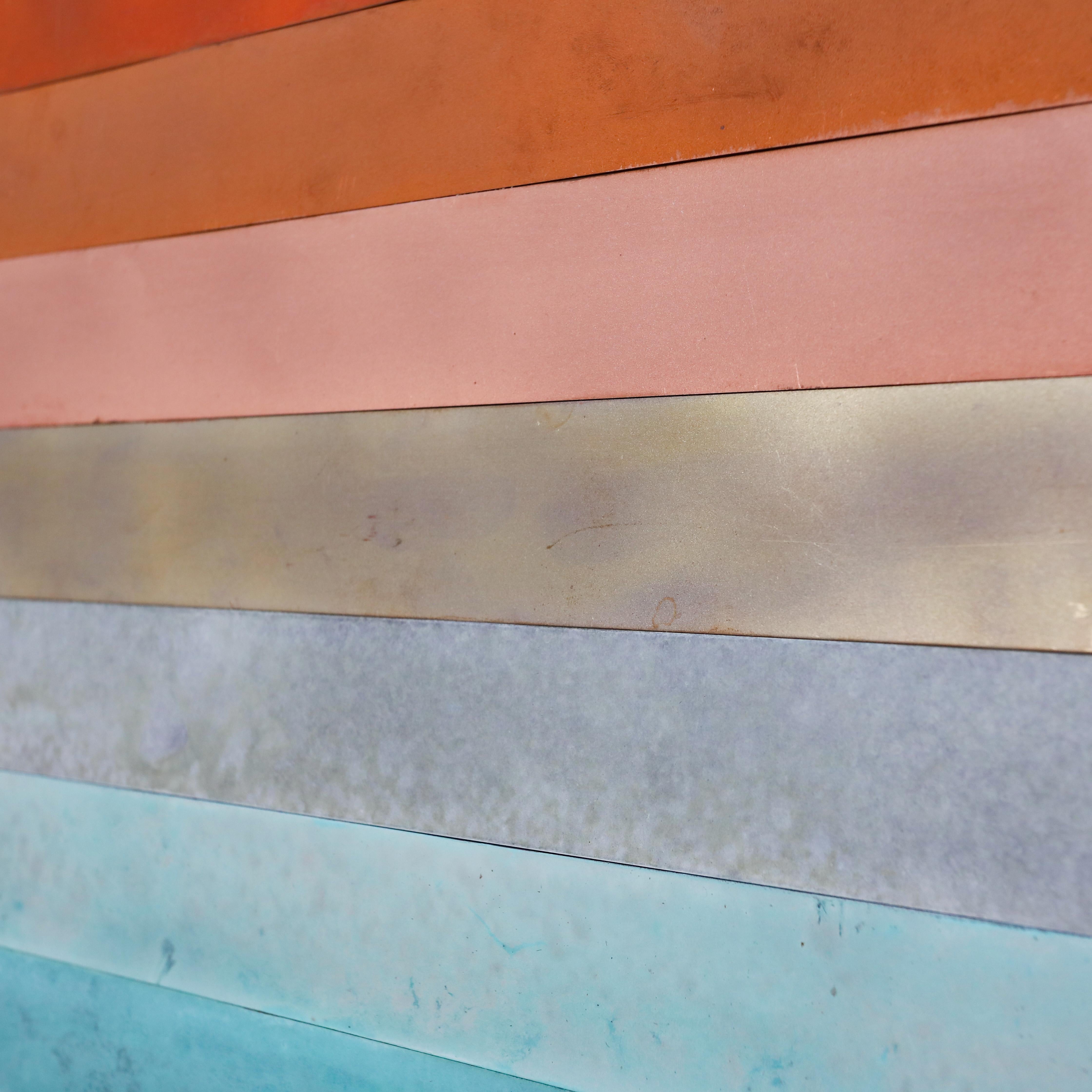 Ombré Sunset Copper Mosaic
29.0 x 29.0 x 1.0, 13.0 lbs 
Copper, mixed media
Hand signed by the artist

Artist's Commentary: 
