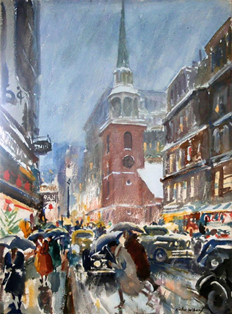 Christmas Rush, Washington Street, Boston Wintertime Watercolor 