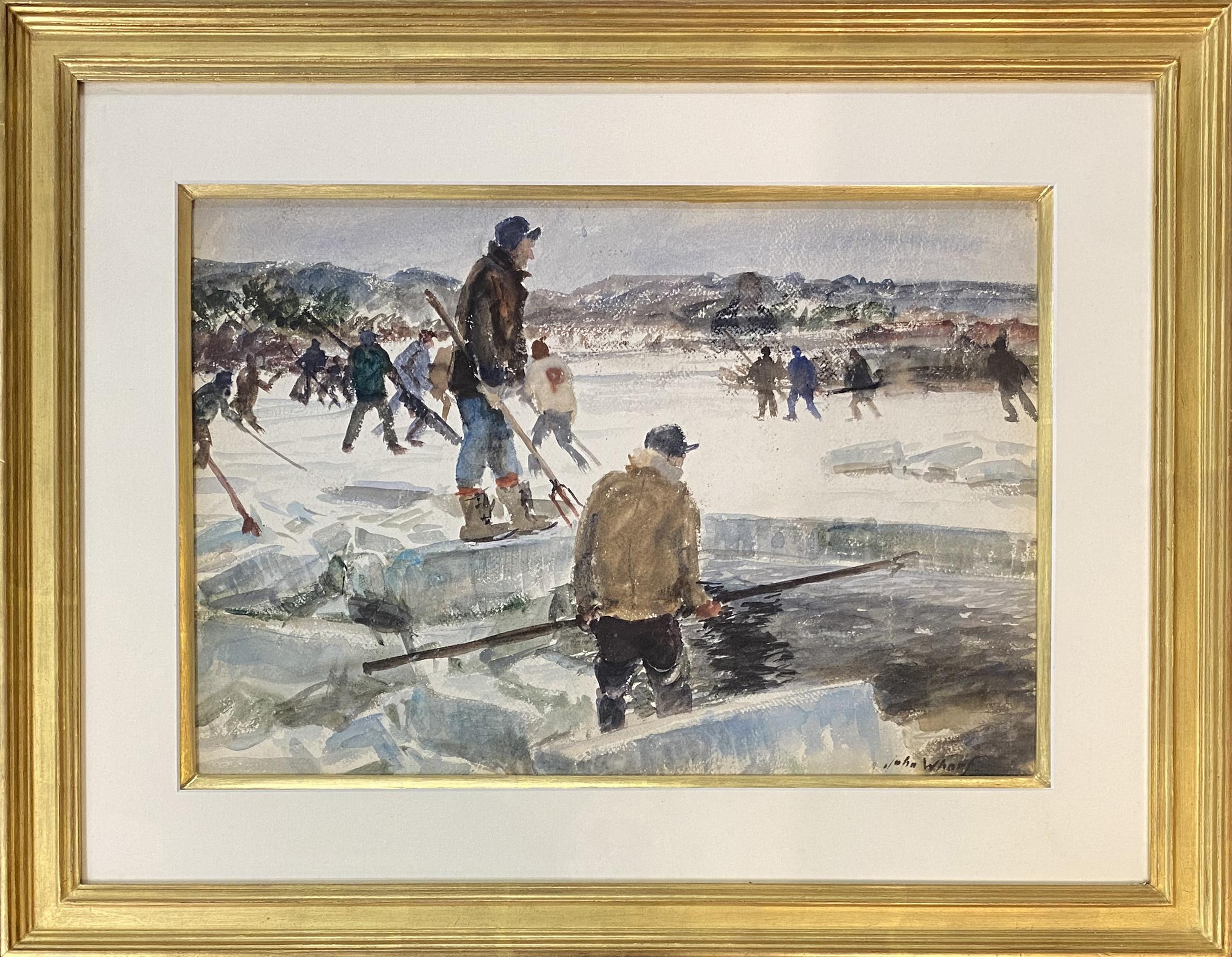 John Whorf Figurative Painting - Cutting The Ice/New England Winter Landscape, Shank Painters Pond Provincetown
