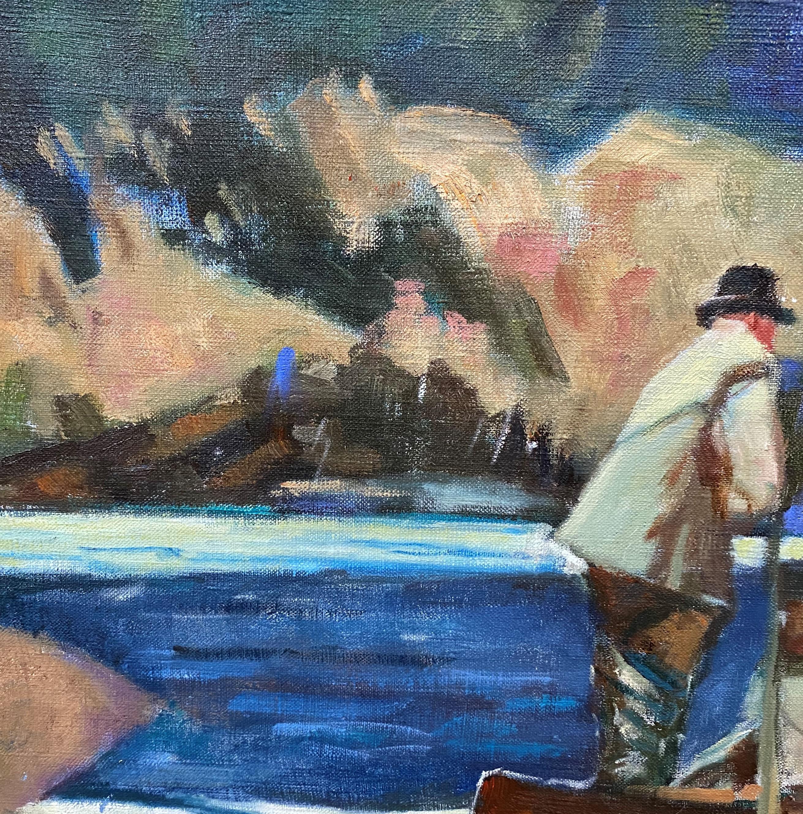 Ein schönes impressionistisches Sportgemälde mit Lachsfischer in einem Kanu des amerikanischen Künstlers John Whorf (1903-1959). Whorf wurde in Winthrop, Massachusetts, geboren und begann im Alter von sechzehn Jahren ein Studium in Provincetown bei