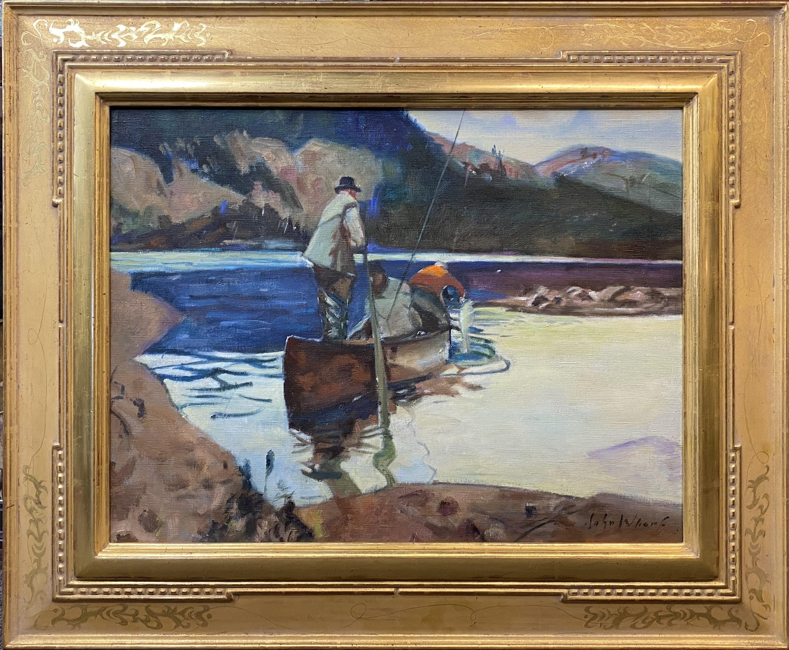 John Whorf Landscape Painting – Lachsfischen