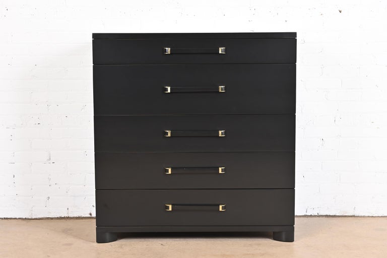 American John Widdicomb Art Deco Black Lacquered Highboy Dresser, Newly Refinished For Sale