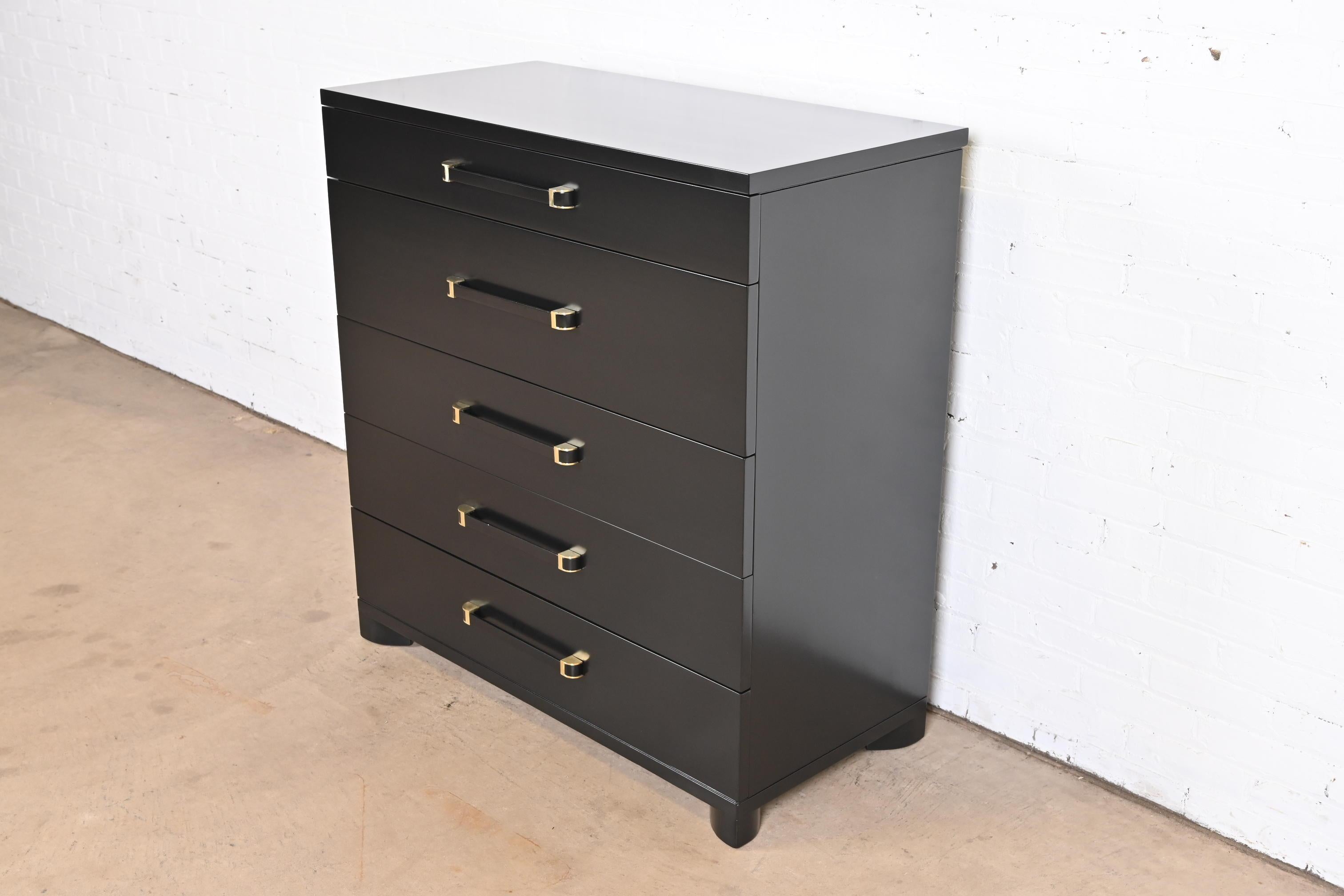 John Widdicomb Art Deco Black Lacquered Highboy Dresser, Newly Refinished In Good Condition In South Bend, IN